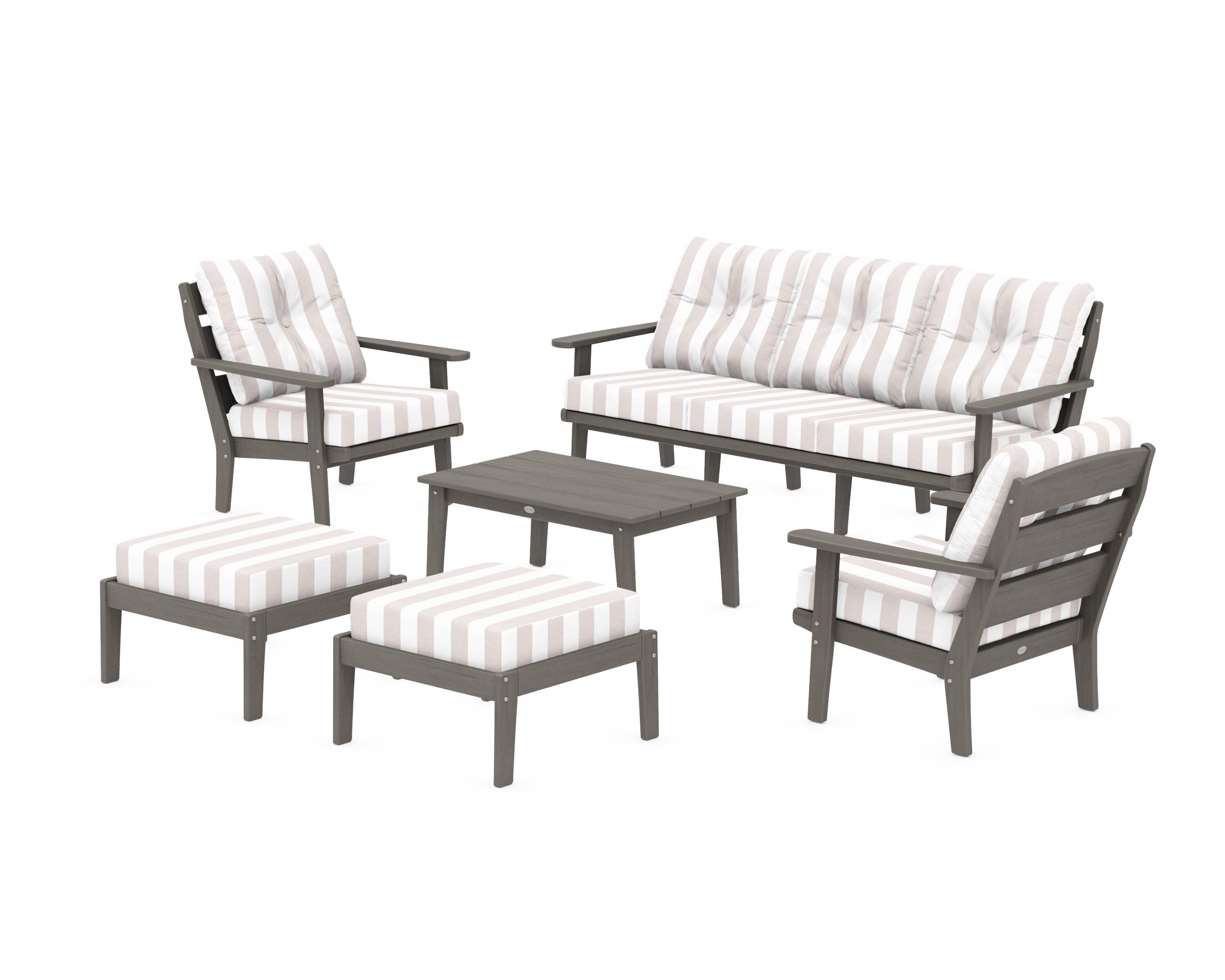 Lakeside 6-Piece Lounge Sofa Set in Driftwood / Cabana Stripe Dune Burlap