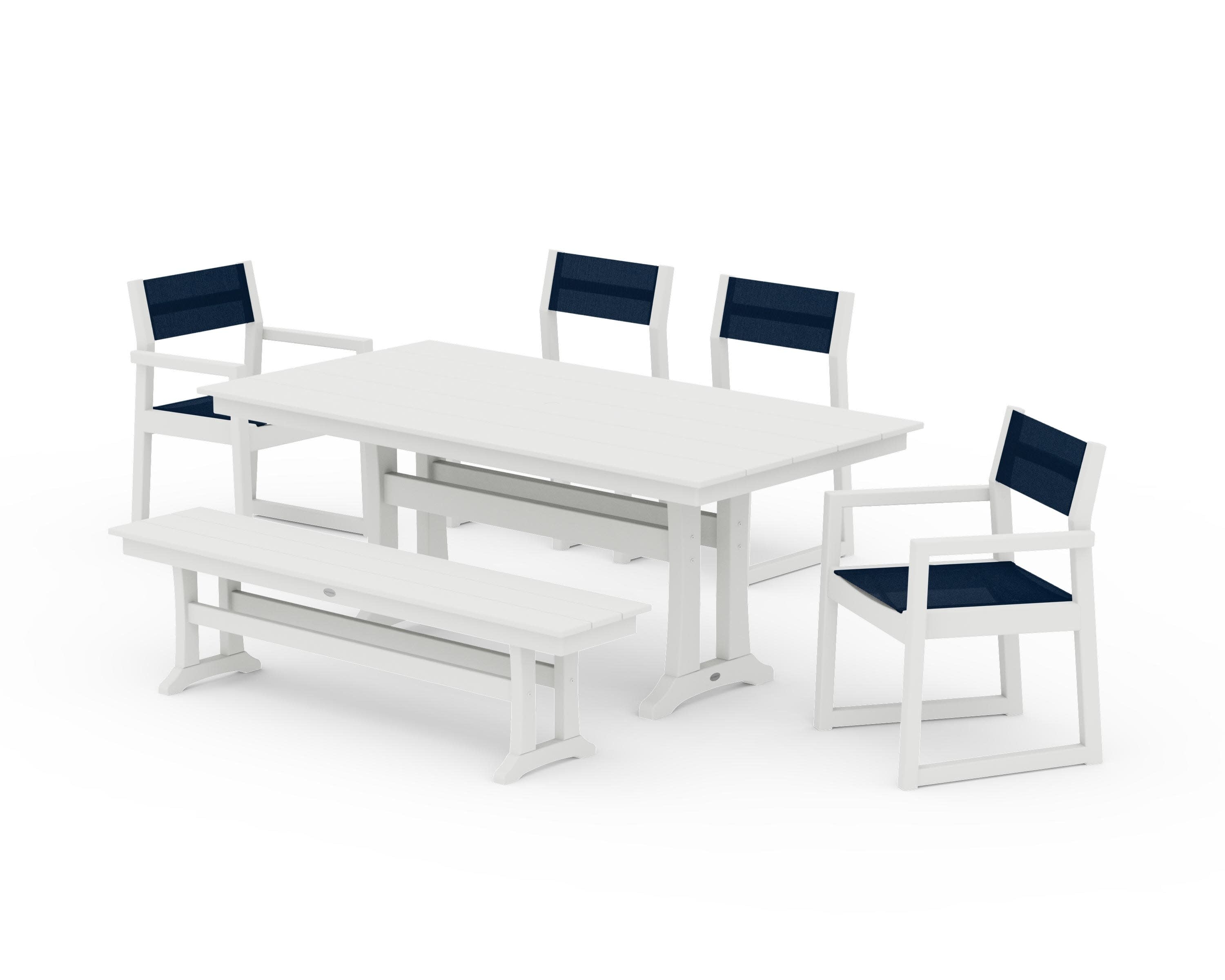 EDGE Sling 6-Piece Farmhouse Dining Set With Trestle Legs in Vintage White / Navy Blue Sling