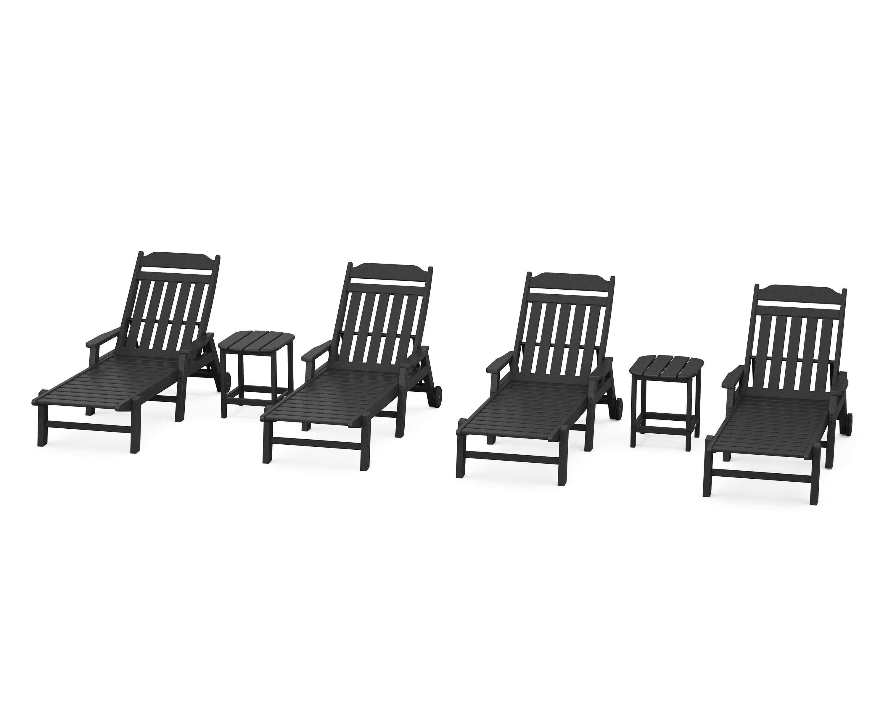 Cottage 6-Piece Chaise Set with Arms and Wheels in Black