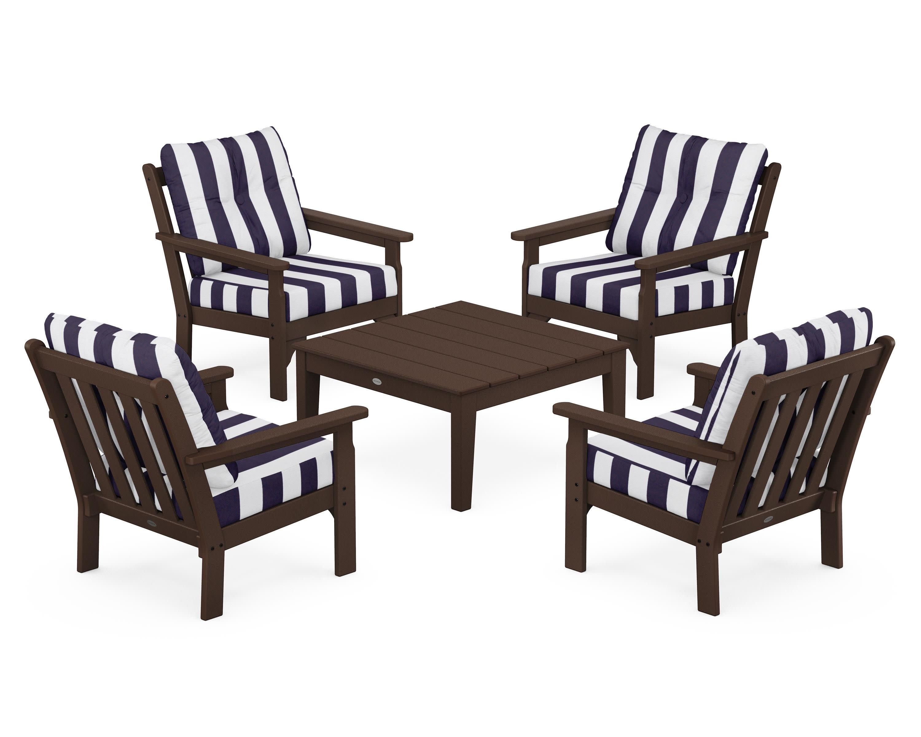 Vineyard 5-Piece Deep Seating Conversation Set in Mahogany / Cabana Stripe Navy