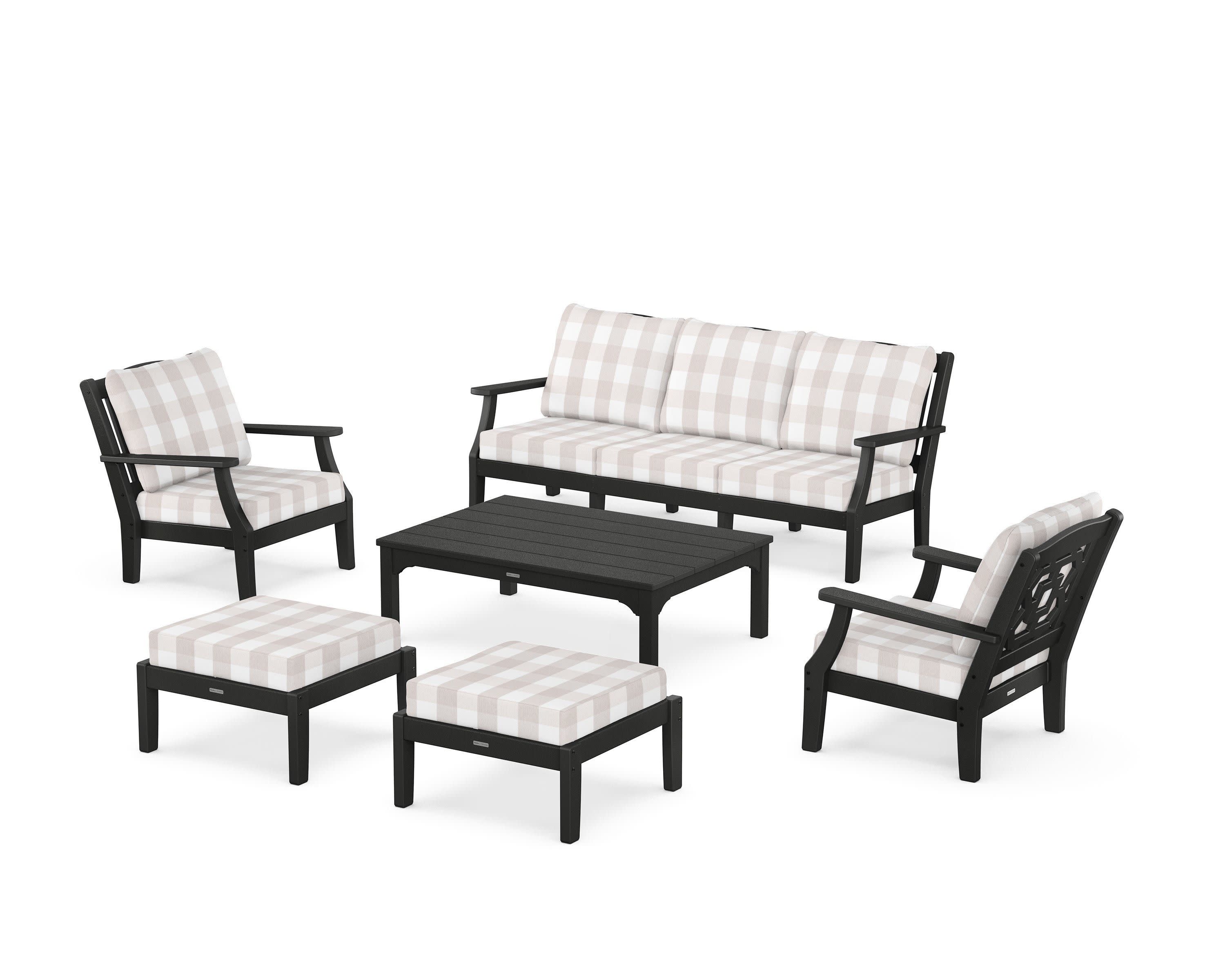 Chinoiserie 6-Piece Lounge Sofa Set in Black / Buffalo Plaid Dune Burlap