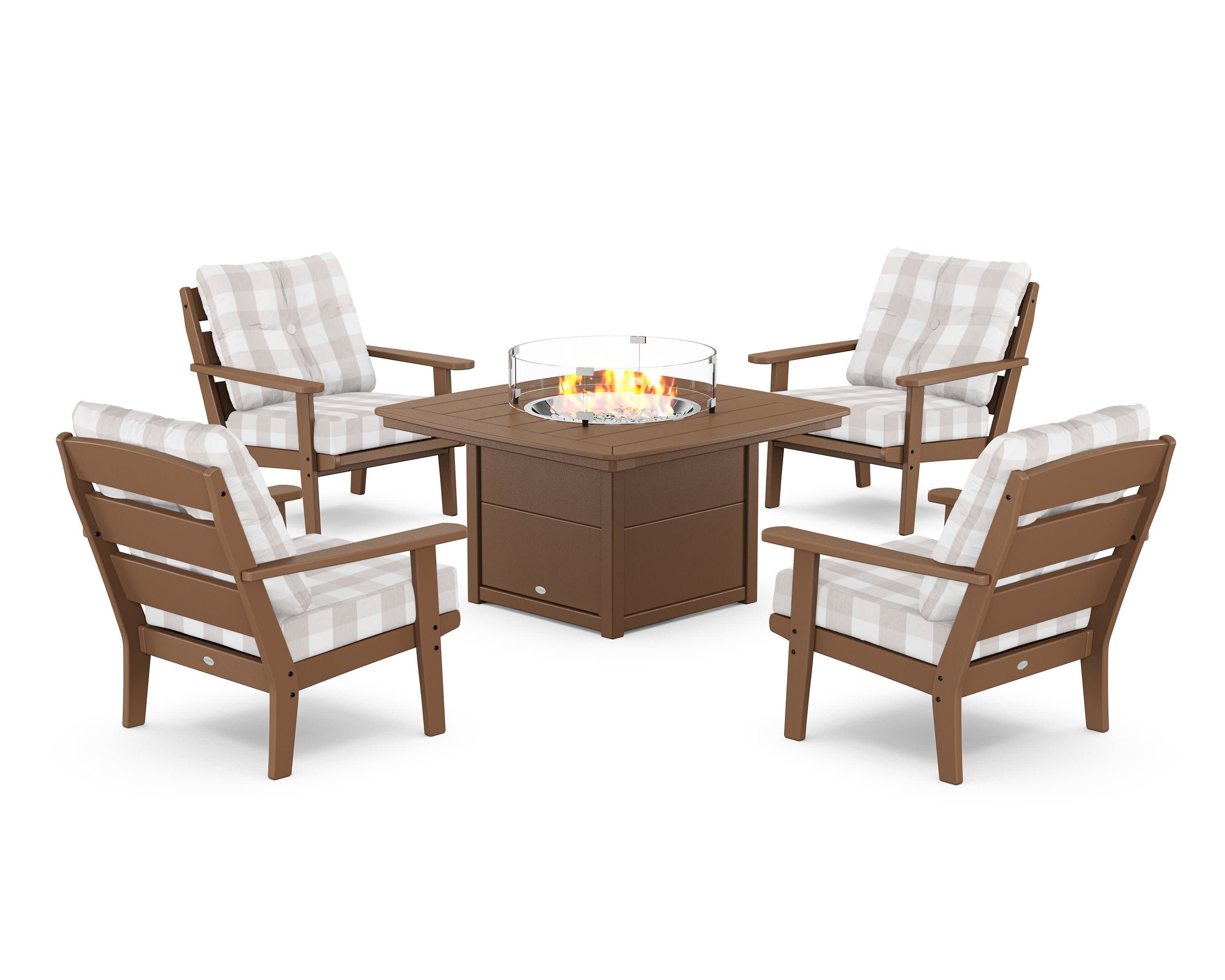 Lakeside 5-Piece Deep Seating Set with Nautical Fire Pit Table in Teak / Buffalo Plaid Dune Burlap