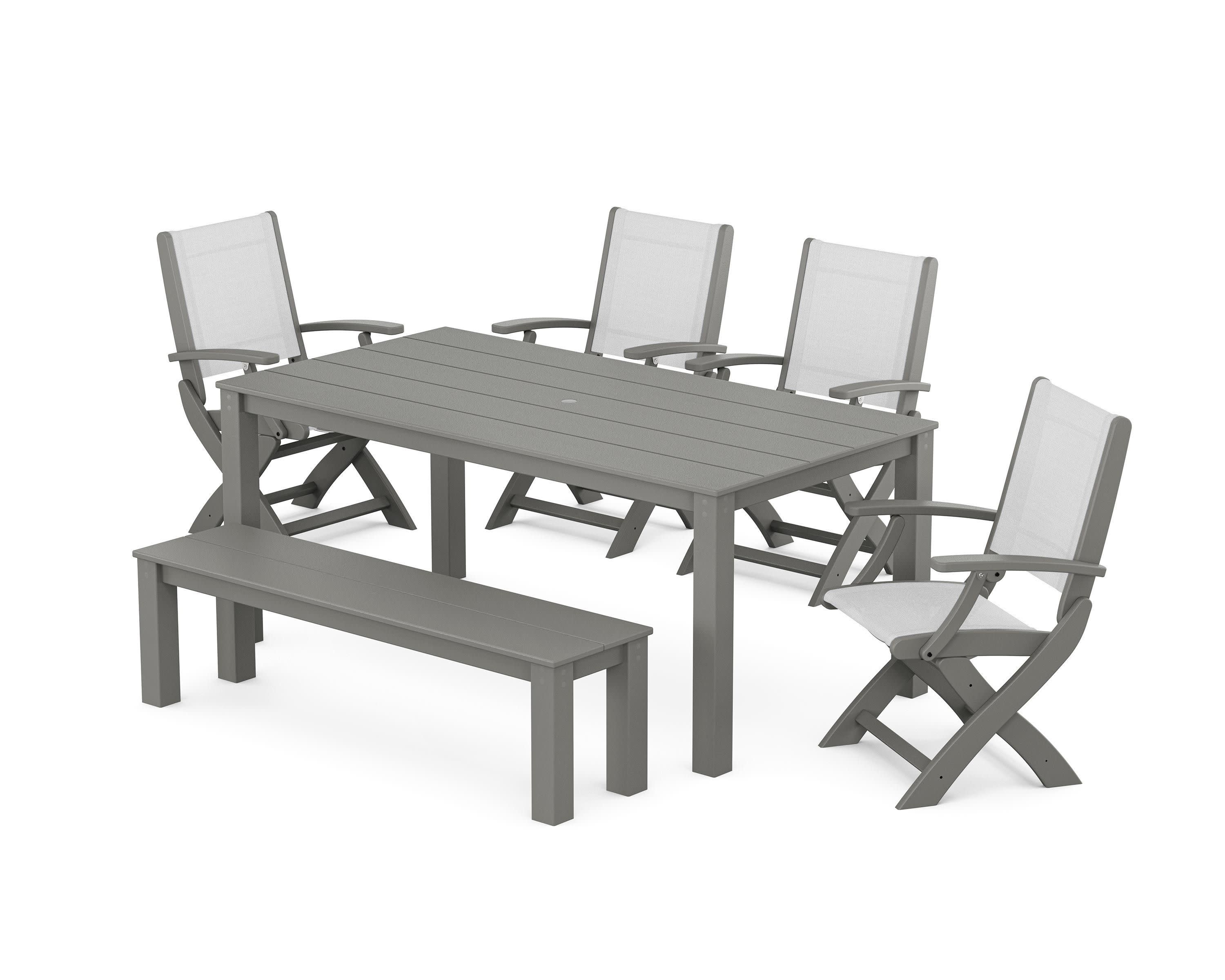 Coastal Folding Chair 6-Piece Parsons Dining Set with Bench in Slate Grey / White Sling