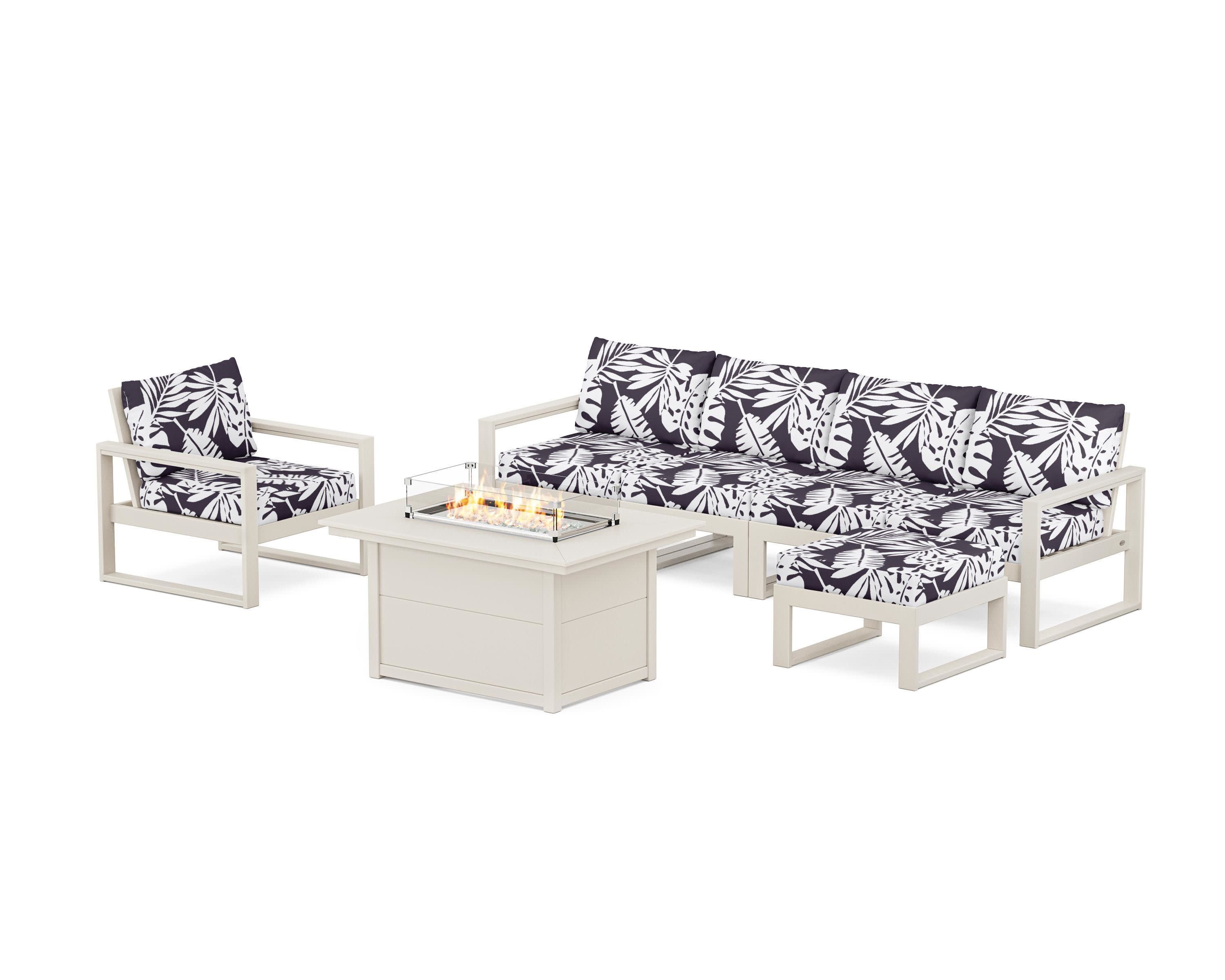 EDGE Sectional Lounge and Fire Pit Set in Sand / Leaf Navy
