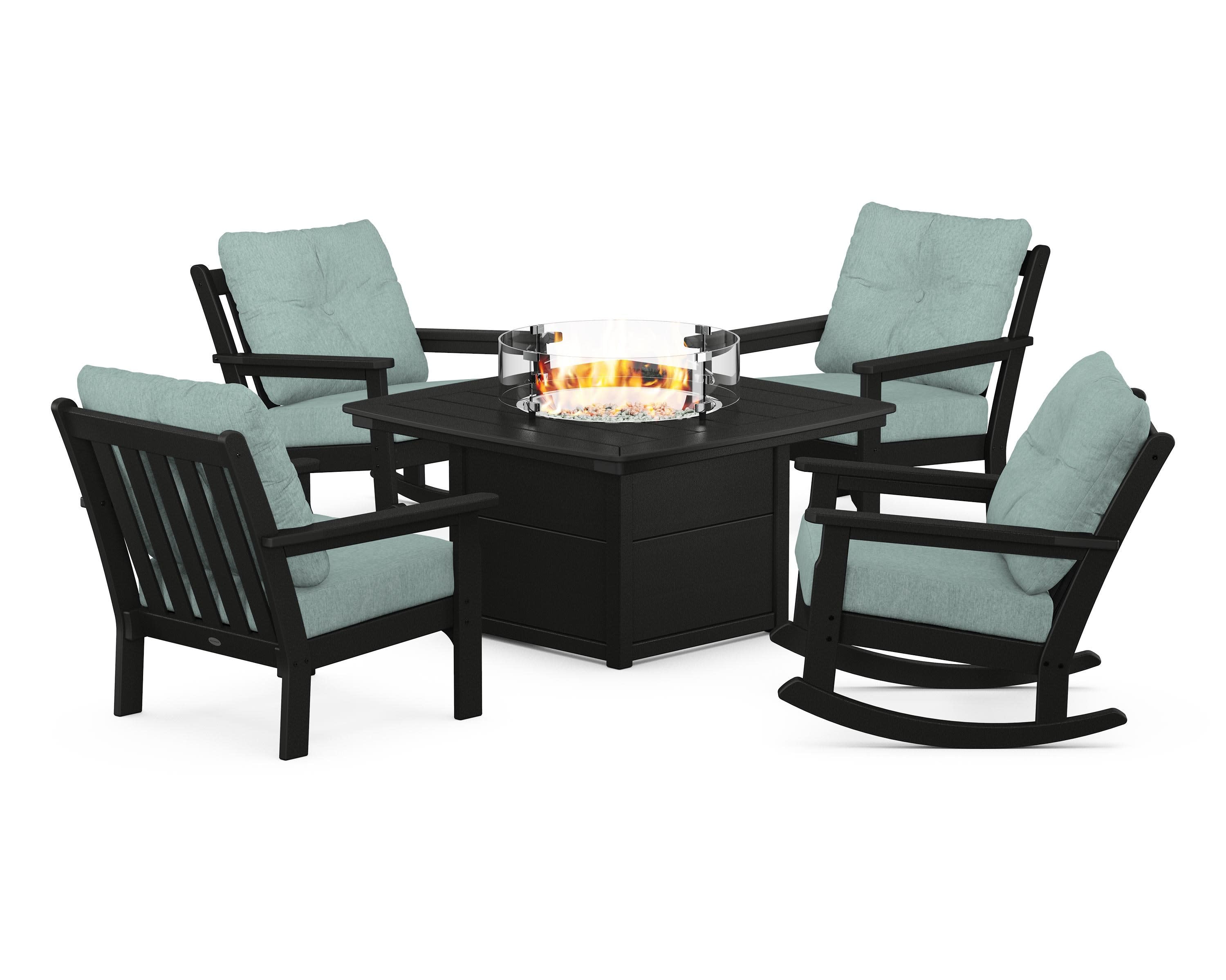Vineyard 5-Piece Deep Seating Rocking Chair Conversation Set with Fire Pit Table in Black / Glacier Spa