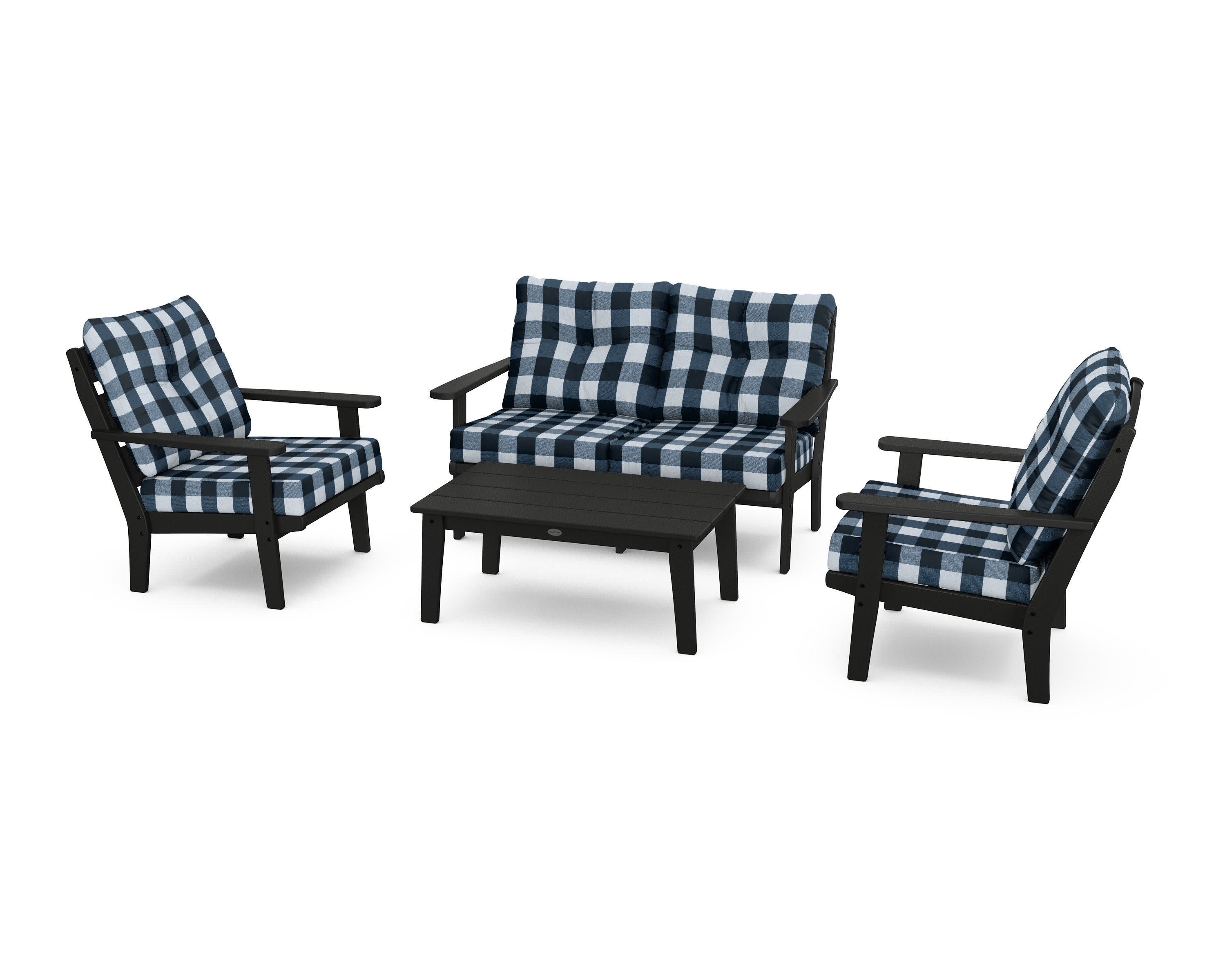 Lakeside 4-Piece Deep Seating Set in Black / Buffalo Plaid Marine Indigo