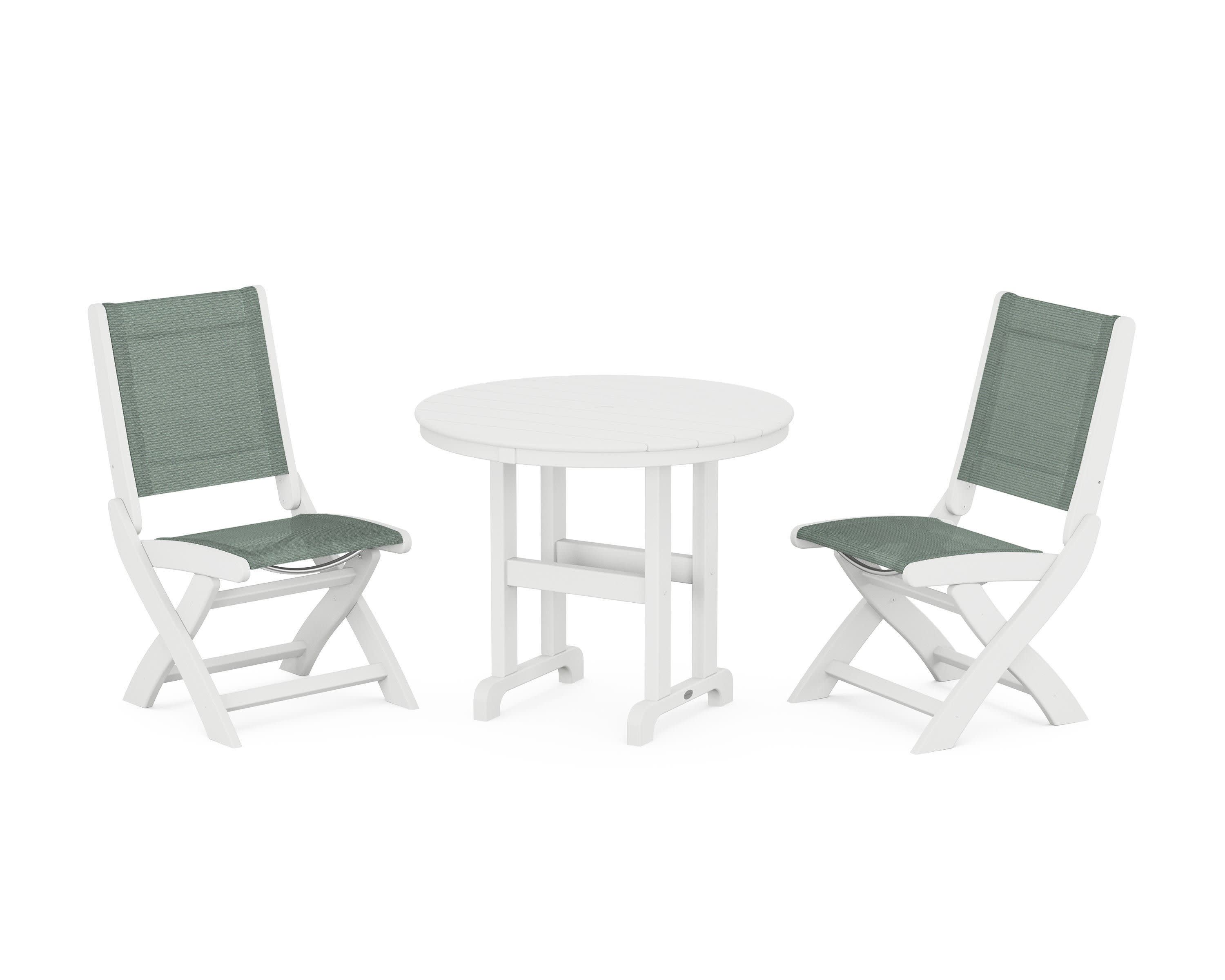Coastal Folding Side Chair 3-Piece Round Dining Set in White / Dupioni Sea Mist Sling