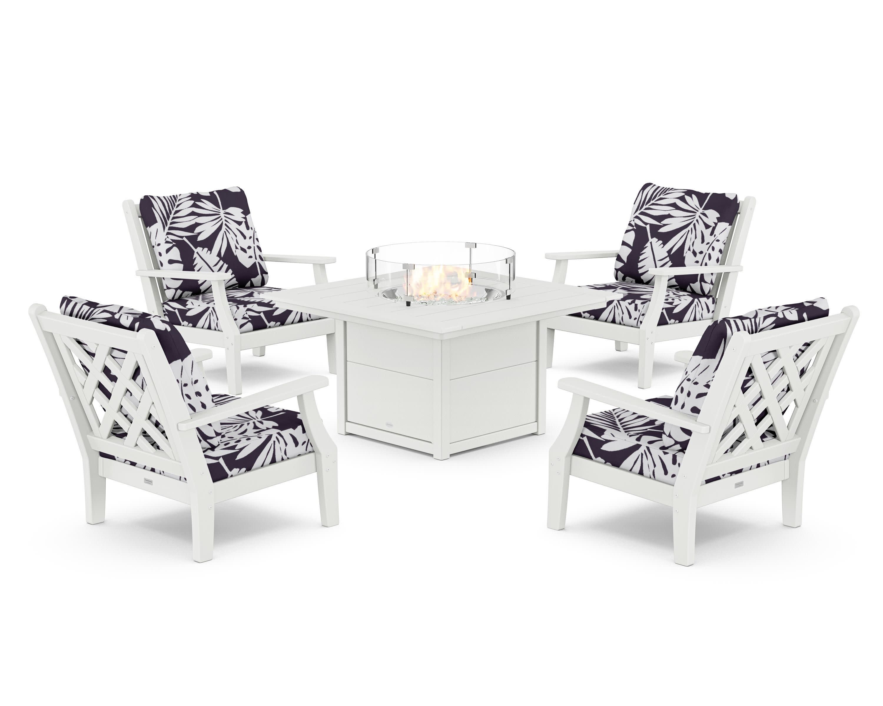 Wovendale 5-Piece Deep Seating Set with Fire Pit Table in White / Leaf Navy
