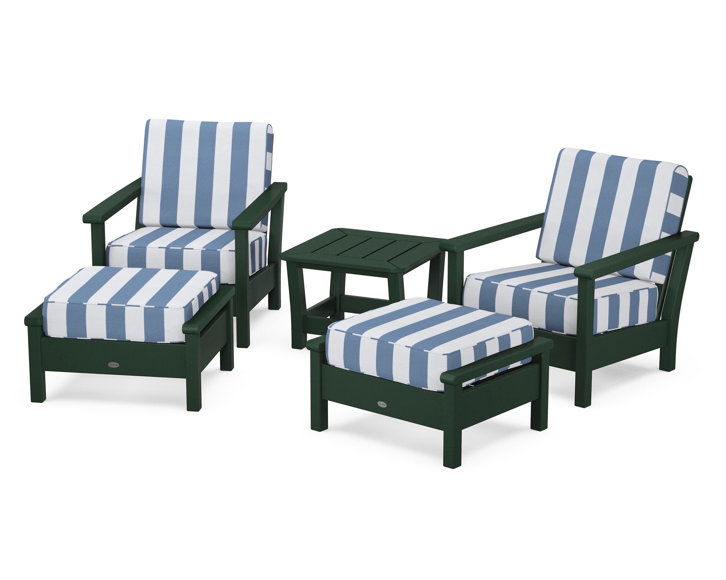 Harbour 5-Piece Deep Seating Chair Set in Green / Cabana Stripe Sky Blue