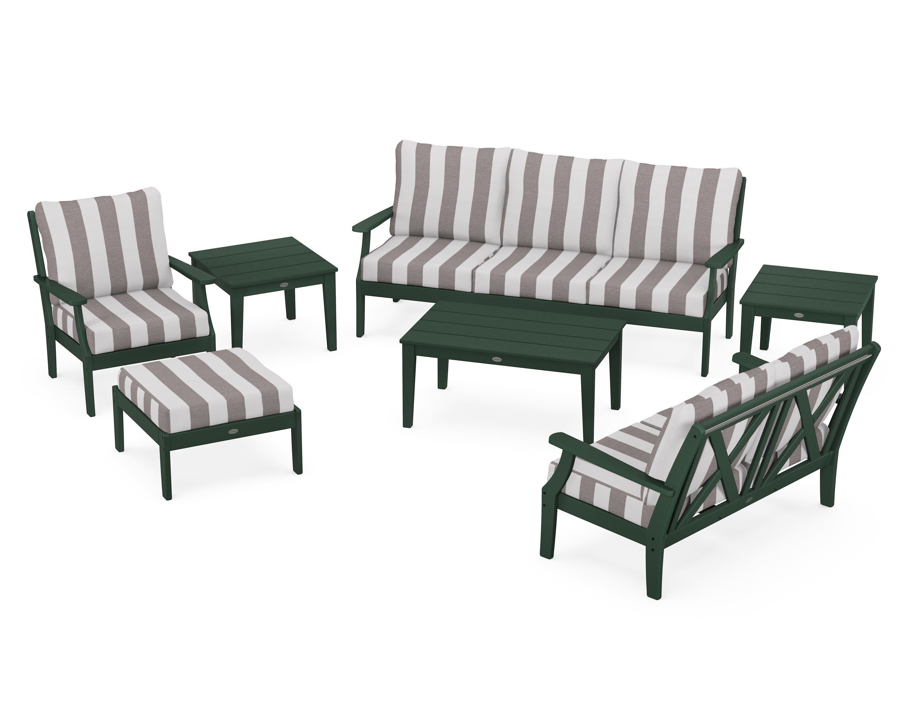 Braxton 7-Piece Deep Seating Set in Green / Cabana Stripe Grey Mist