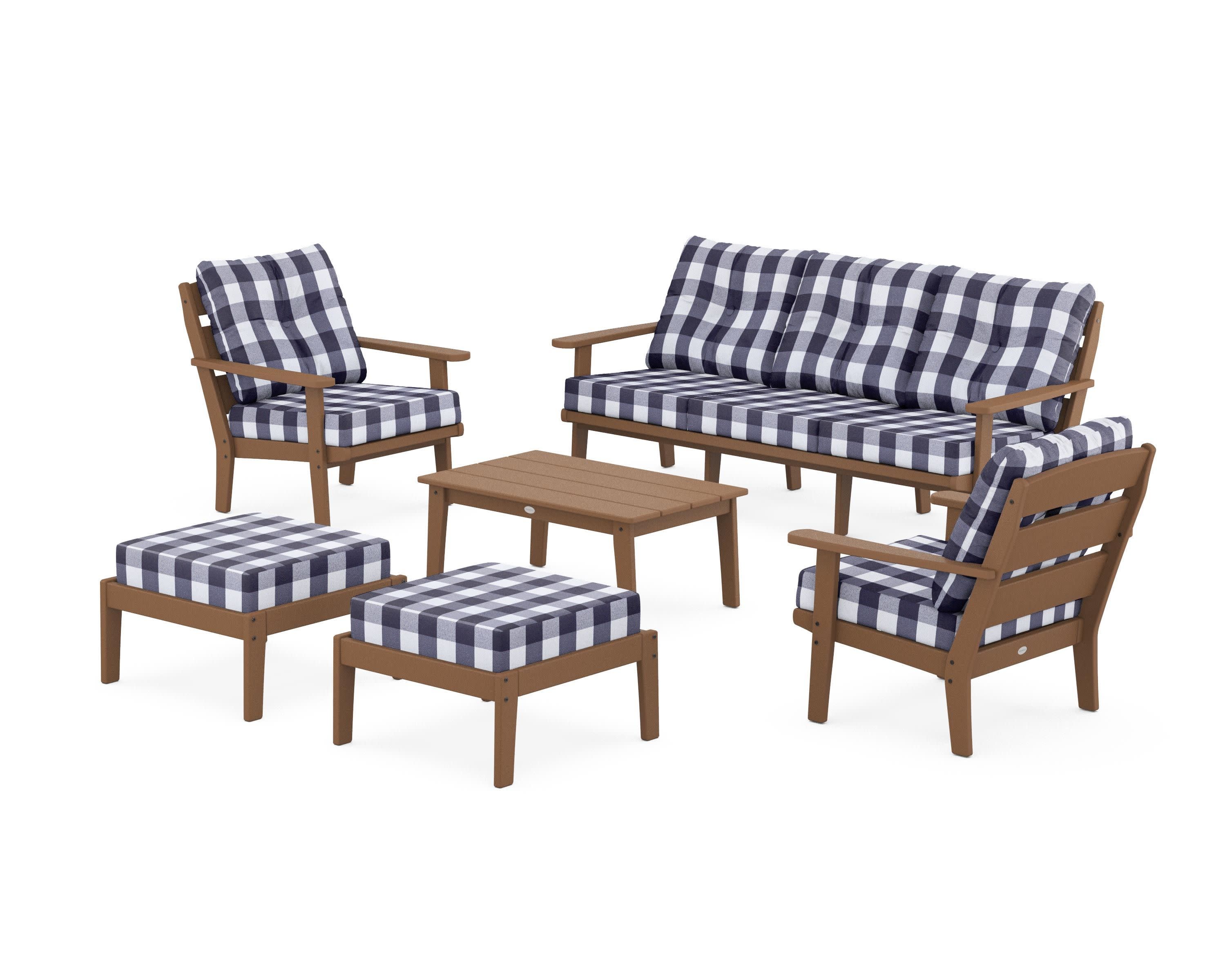 Lakeside 6-Piece Lounge Sofa Set in Teak / Buffalo Plaid Navy