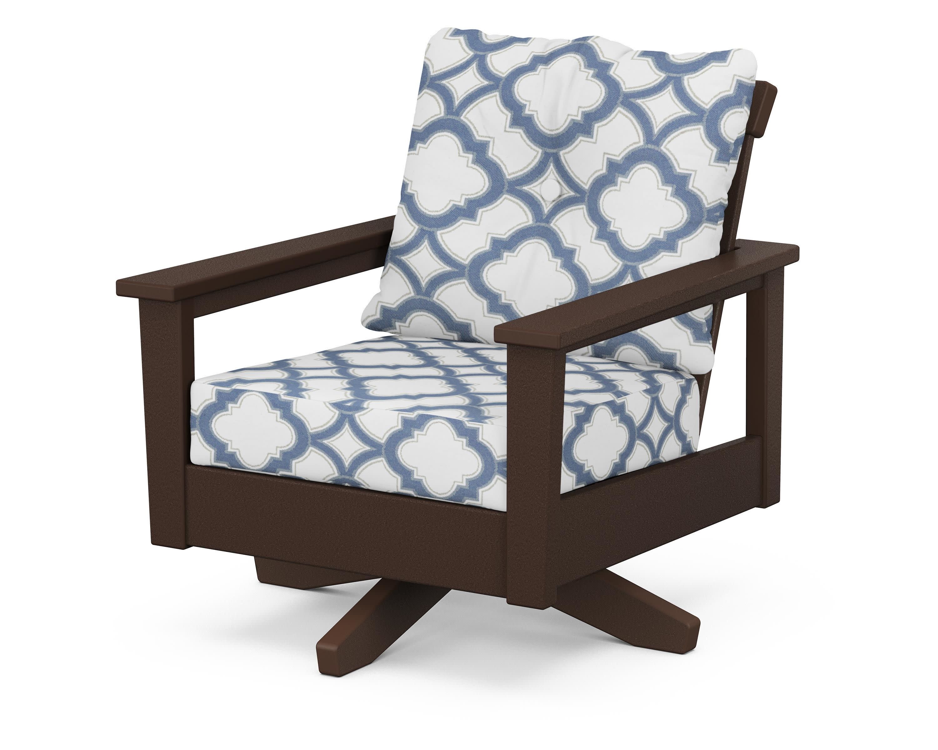 Prescott Deep Seating Swivel Chair in Mahogany / Trellis Sky Blue