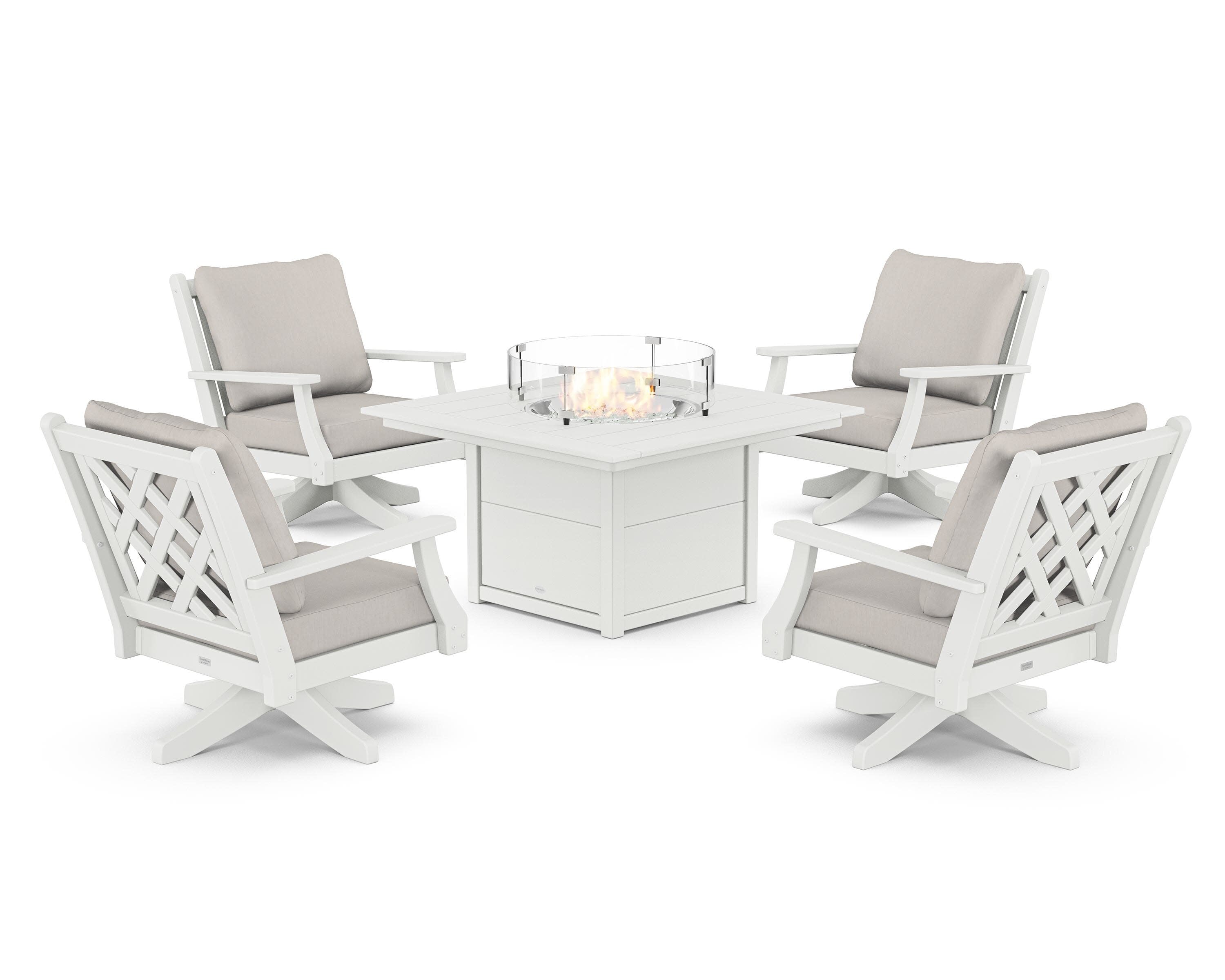 Wovendale 5-Piece Deep Seating Swivel Conversation Set with Fire Pit Table in White / Cast Ash