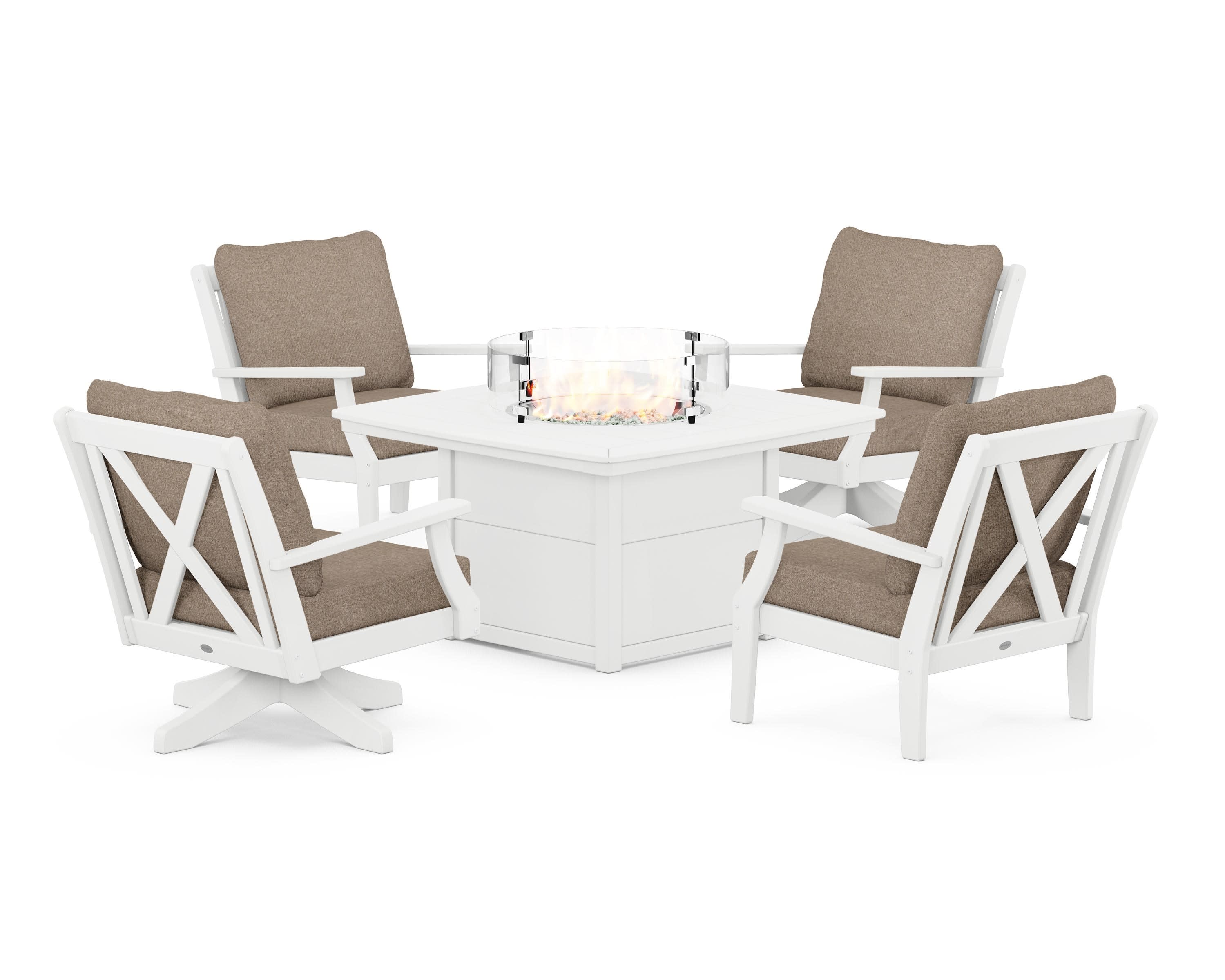 Braxton 5-Piece Deep Seating Set with Fire Table in White / Spiced Burlap