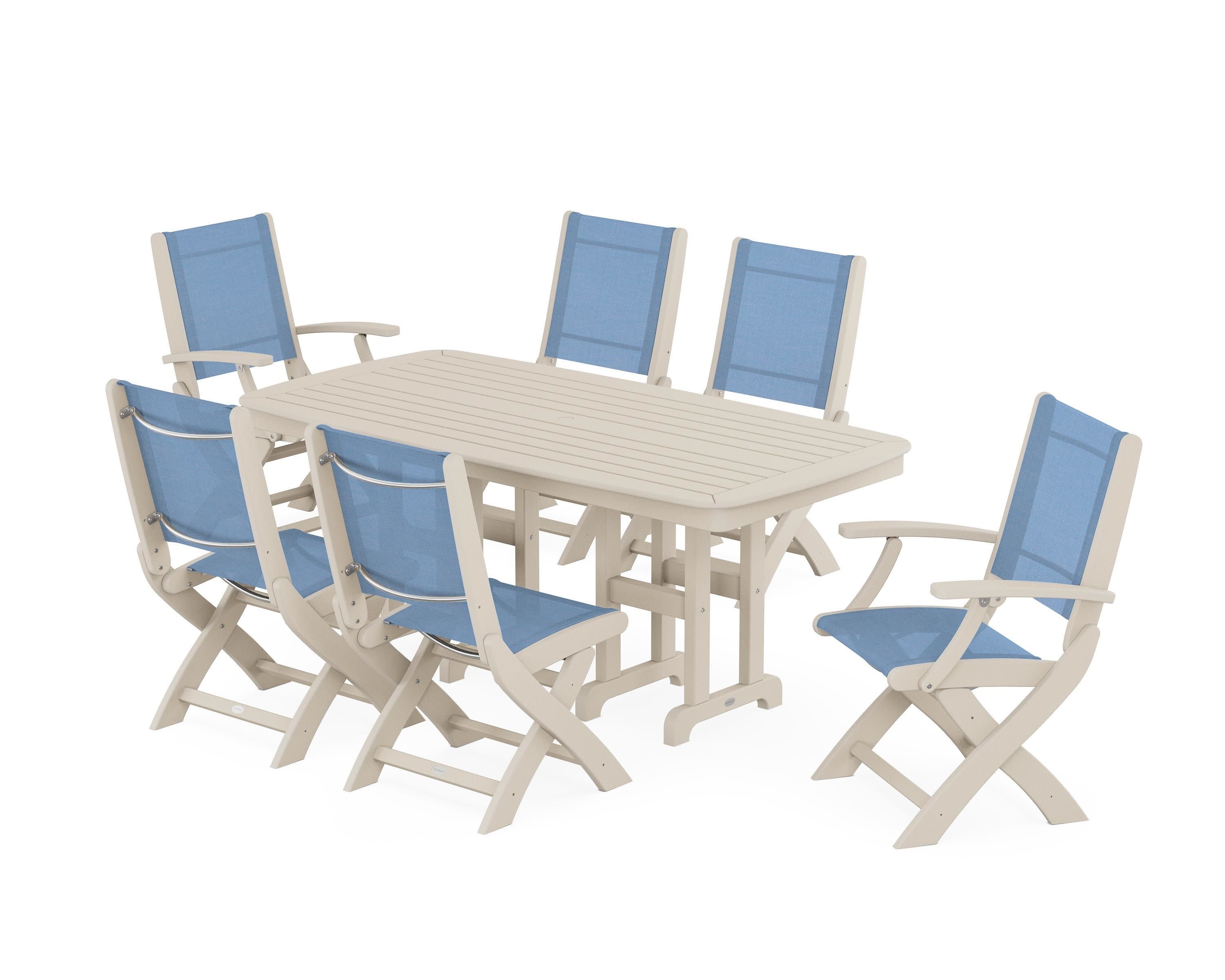 Coastal Folding Chair 7-Piece Dining Set in Sand / Poolside Sling