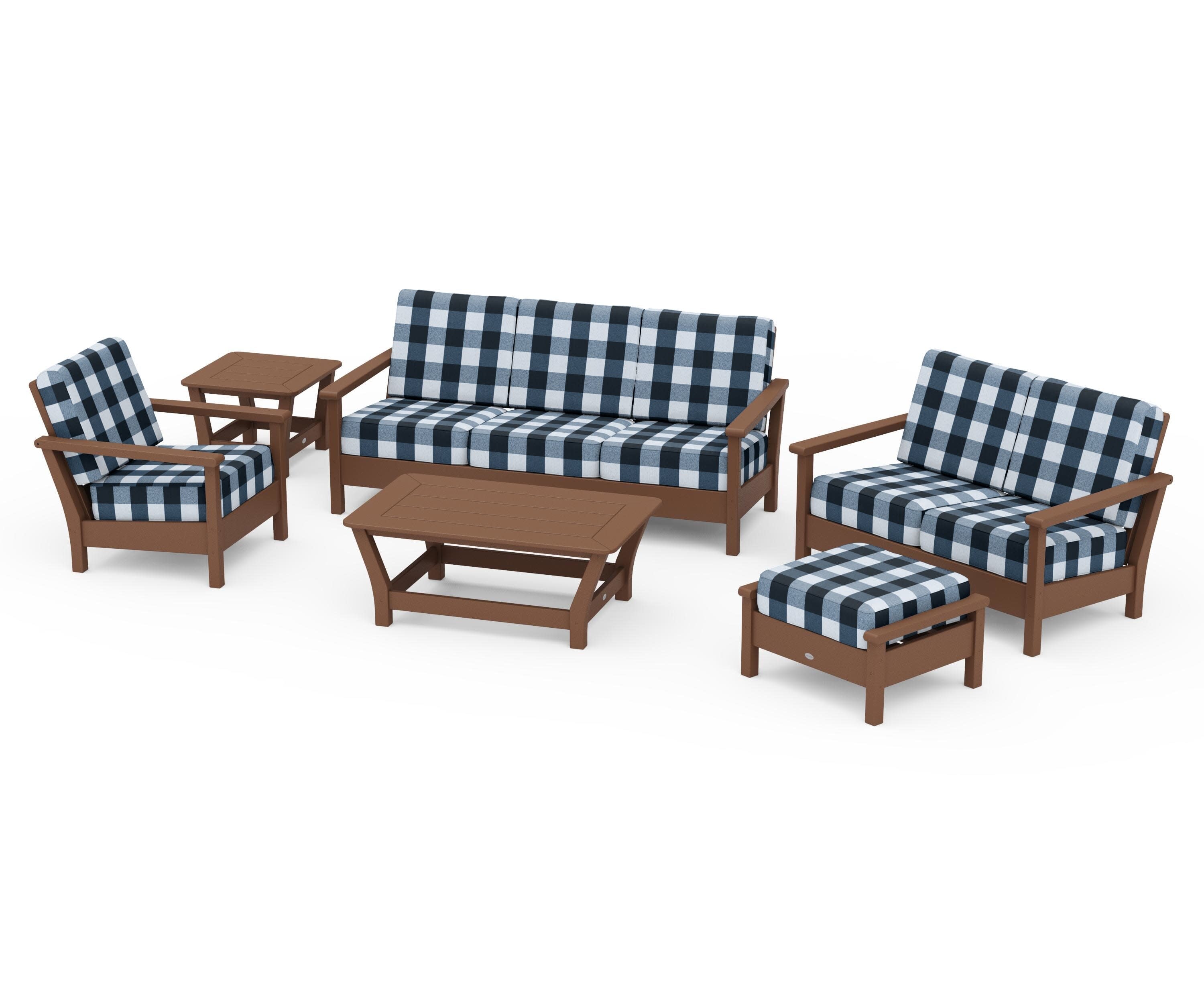 Harbour 6-Piece Outdoor Living Set in Teak / Buffalo Plaid Marine Indigo