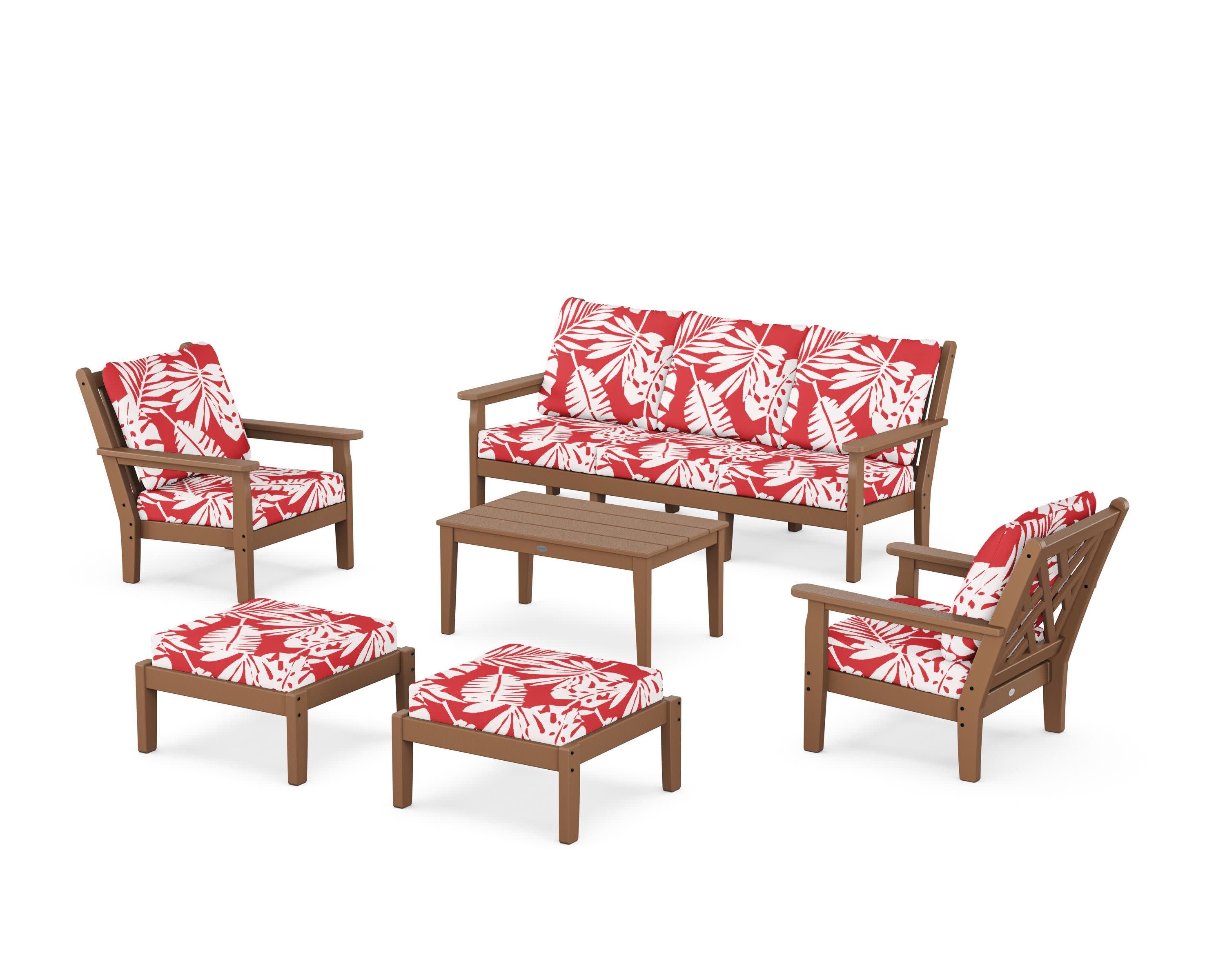 Chippendale 6-Piece Lounge Sofa Set in Teak / Leaf Crimson