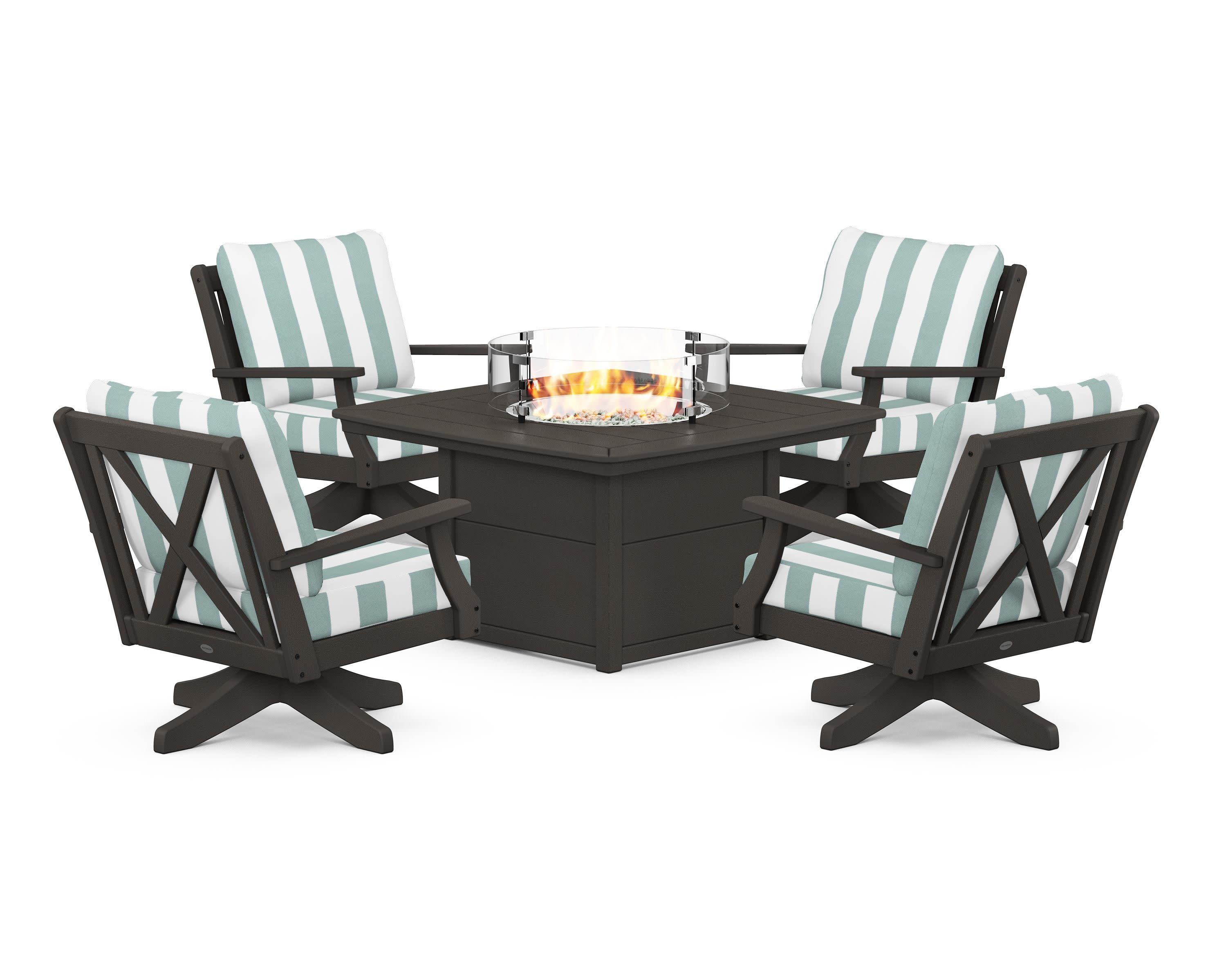 Braxton 5-Piece Deep Seating Swivel Conversation Set with Fire Pit Table in Vintage Coffee / Cabana Stripe Glacier Spa