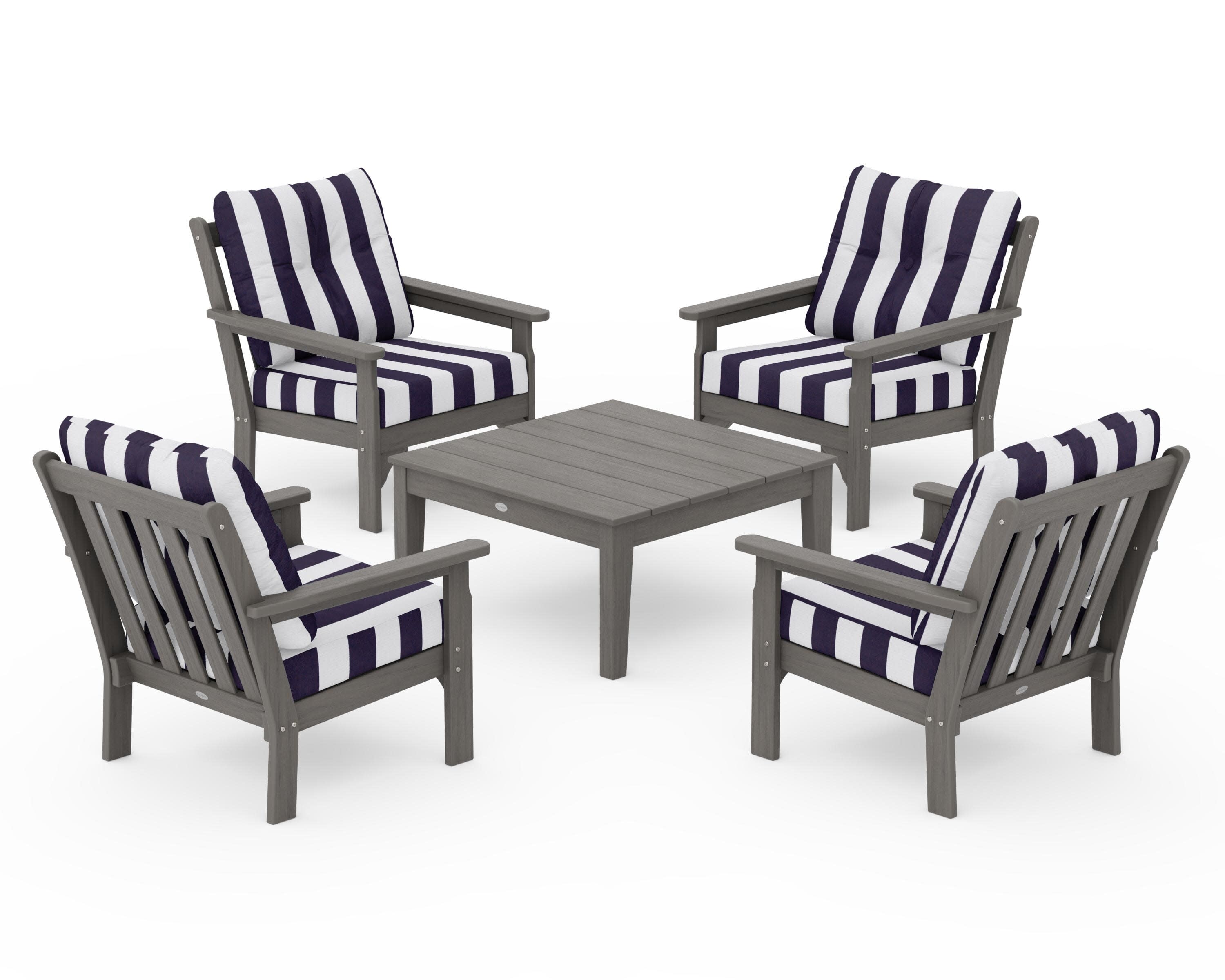 Vineyard 5-Piece Deep Seating Conversation Set in Driftwood / Cabana Stripe Navy