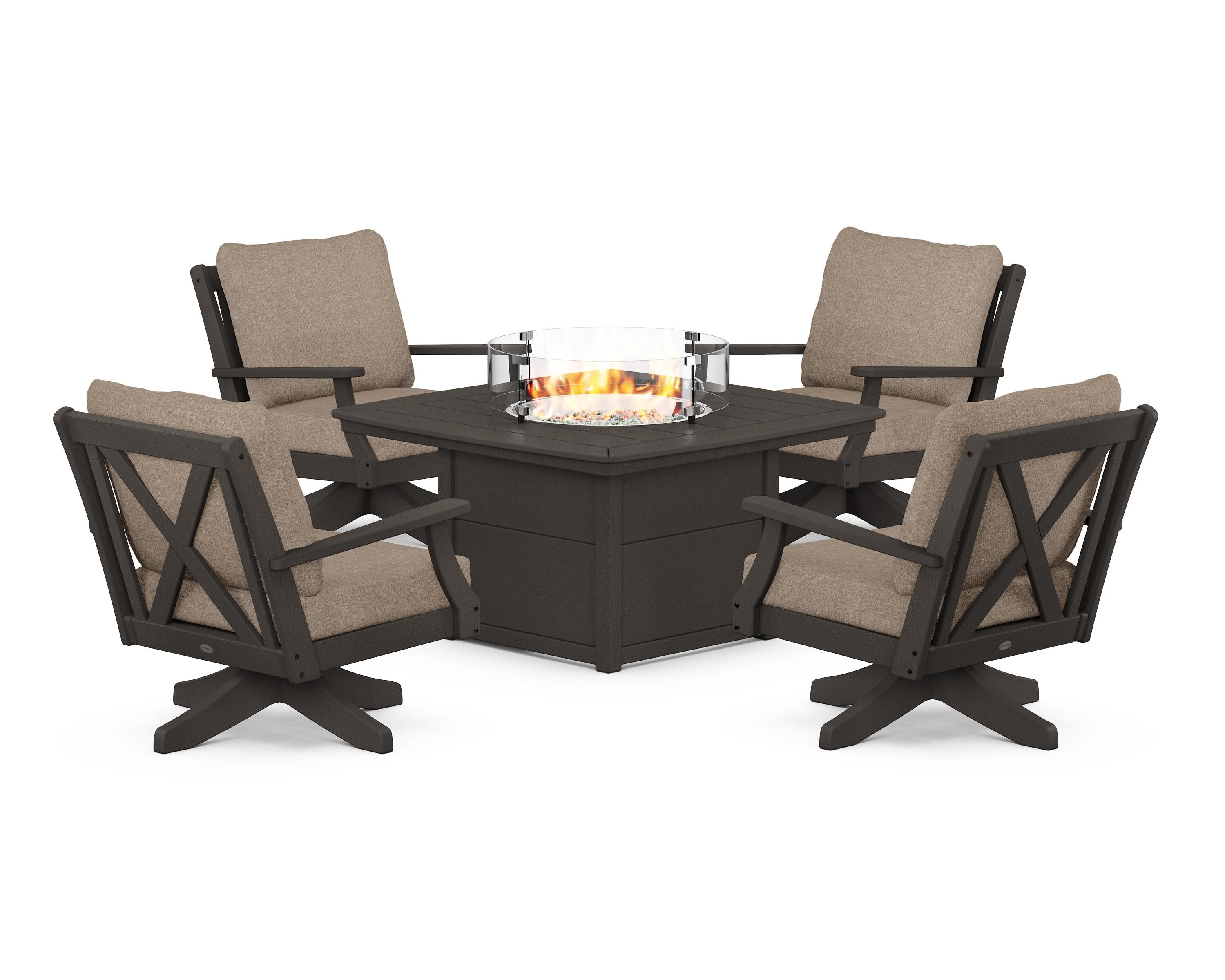 Braxton 5-Piece Deep Seating Swivel Conversation Set with Fire Pit Table in Vintage Coffee / Spiced Burlap