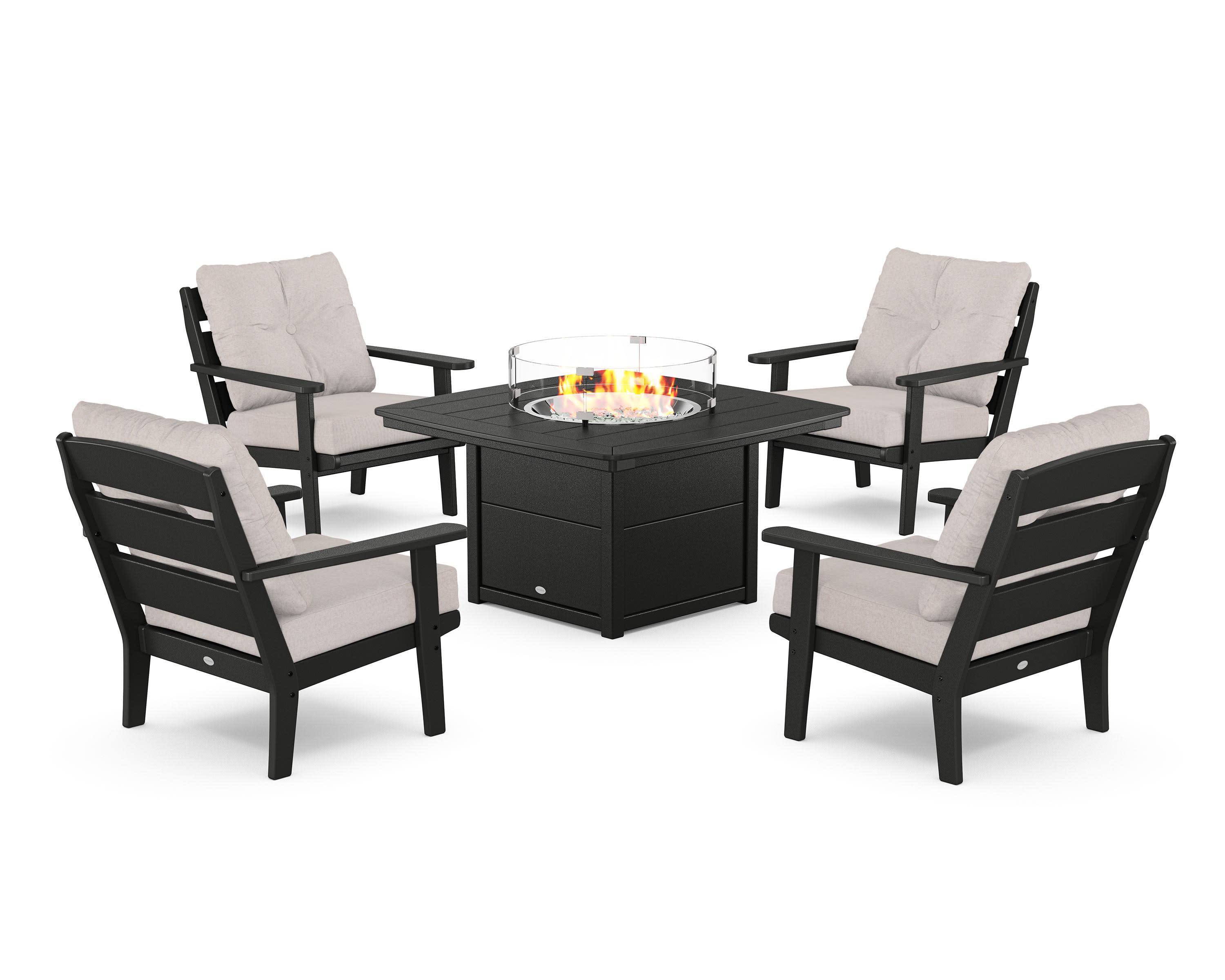Lakeside 5-Piece Deep Seating Set with Nautical Fire Pit Table in Black / Dune Burlap