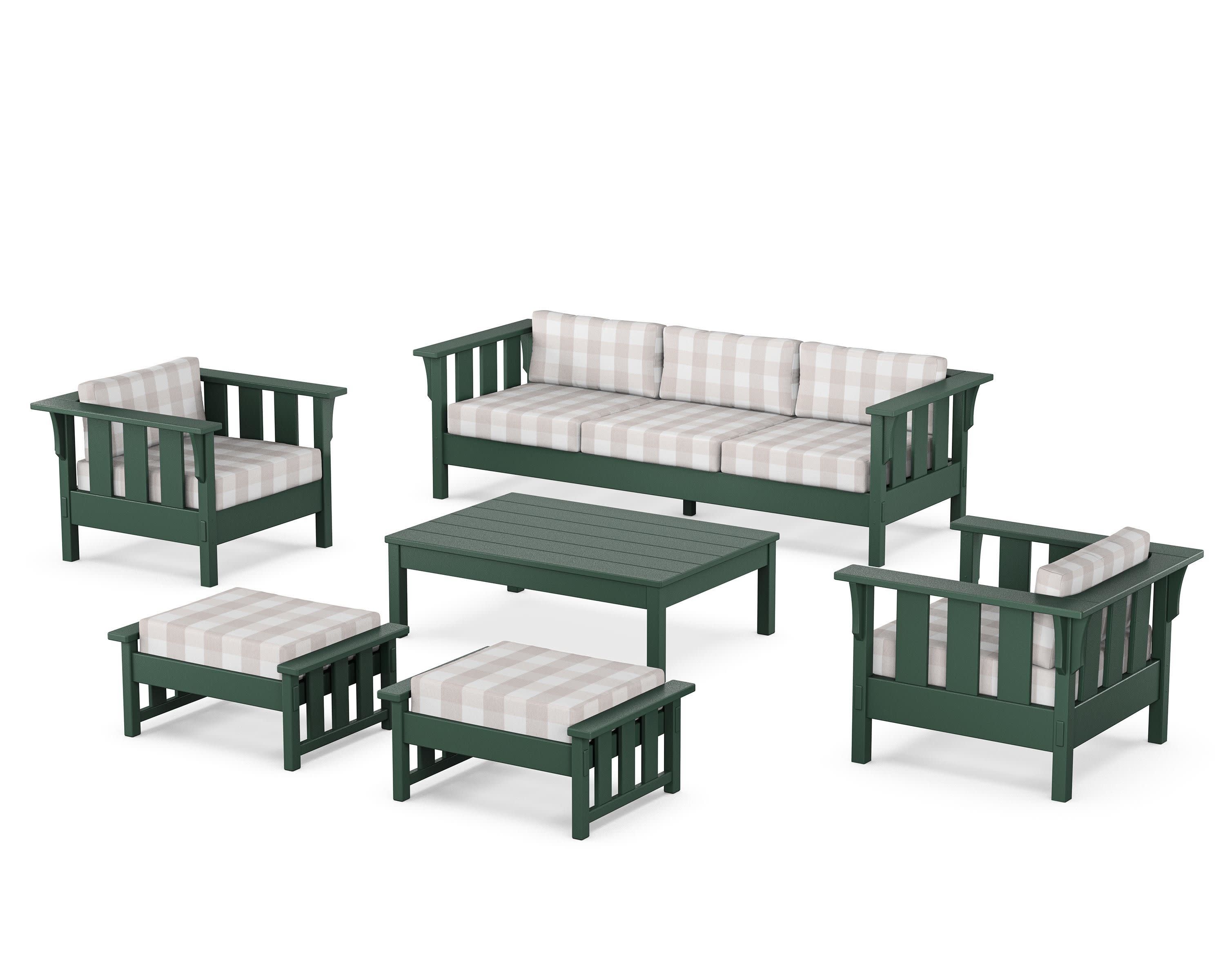 Acadia 6-Piece Lounge Sofa Set in Green / Buffalo Plaid Dune Burlap