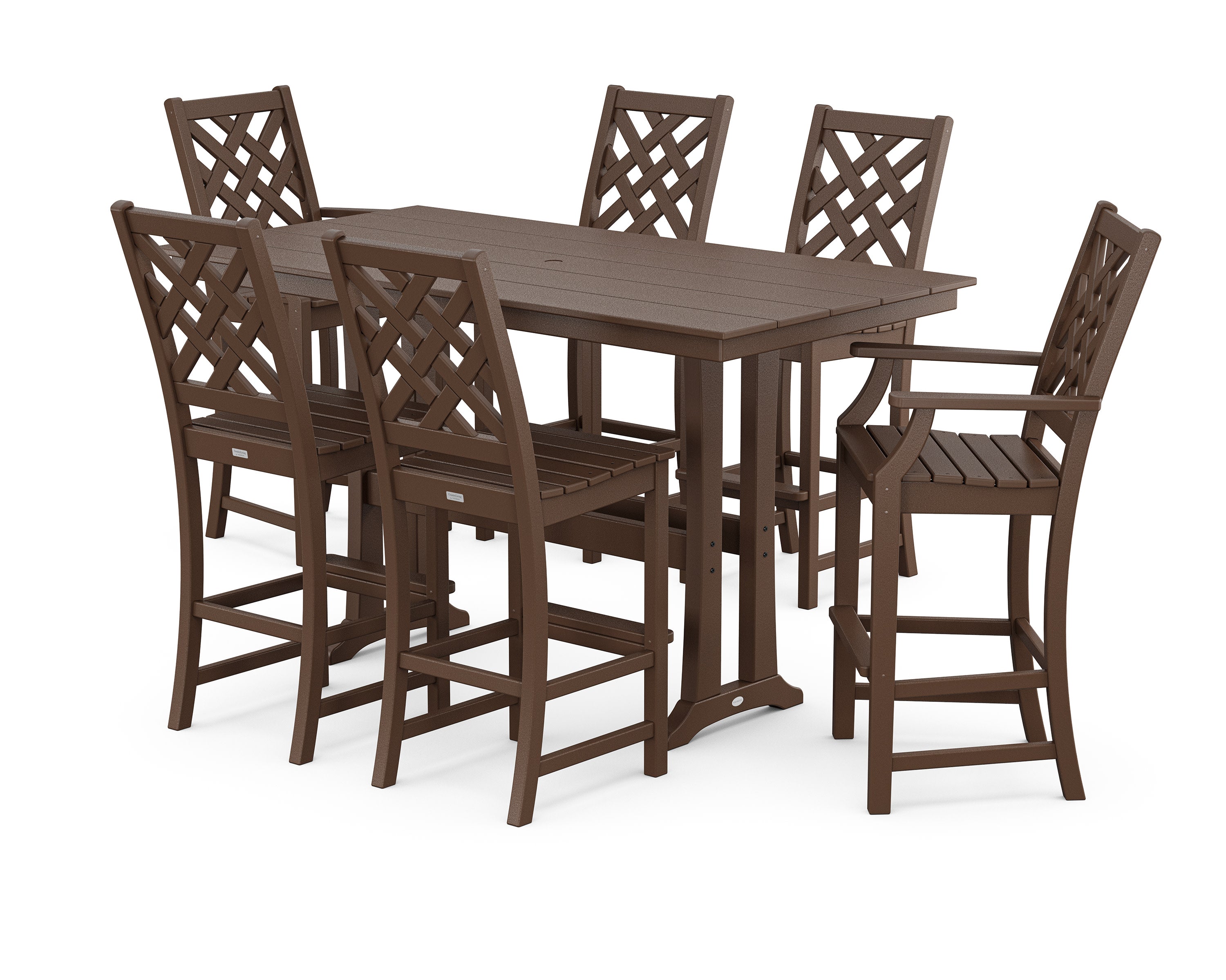 Wovendale 7-Piece Farmhouse Bar Set with Trestle Legs in Mahogany