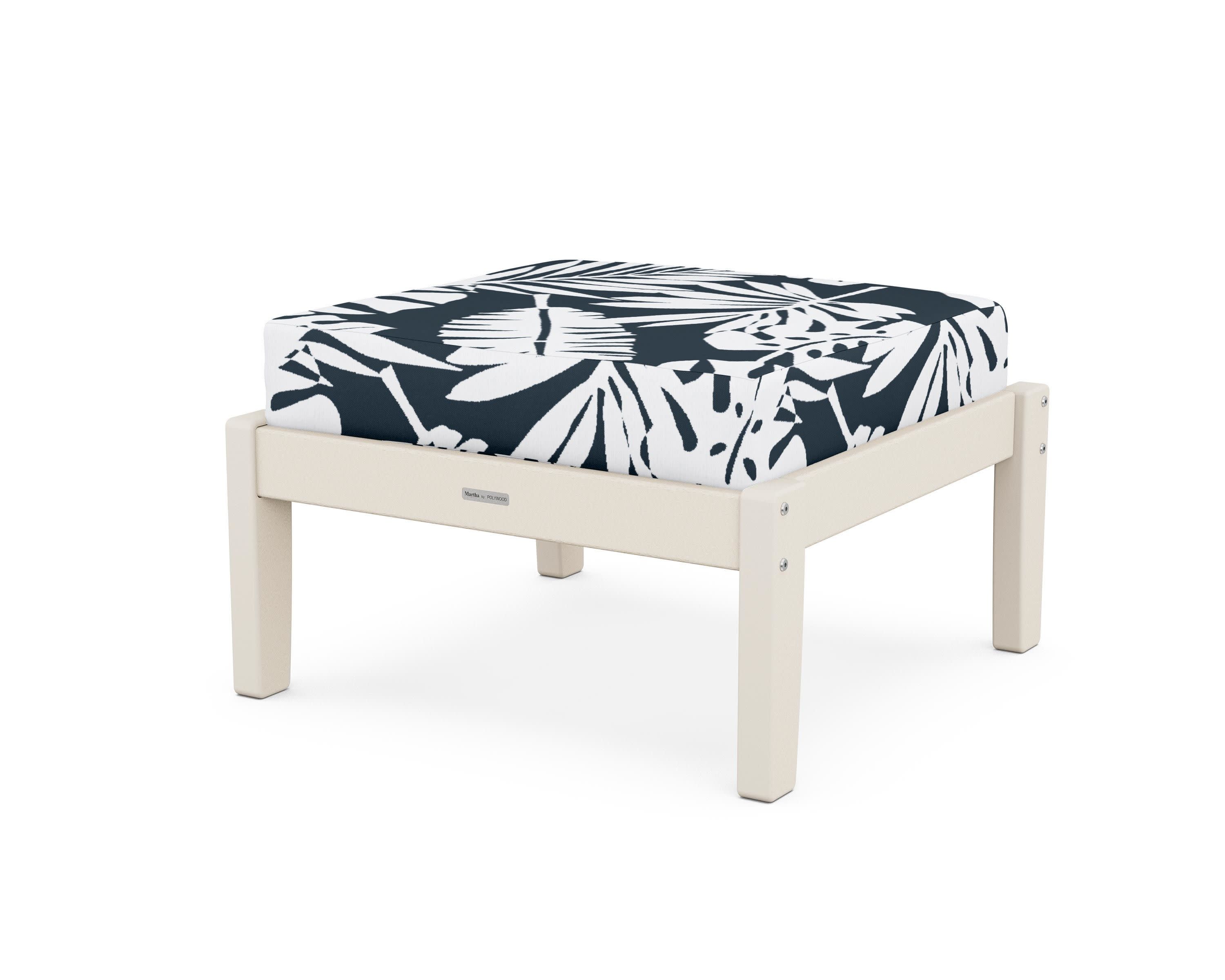 Chinoiserie Deep Seating Ottoman in Sand / Leaf Marine Indigo