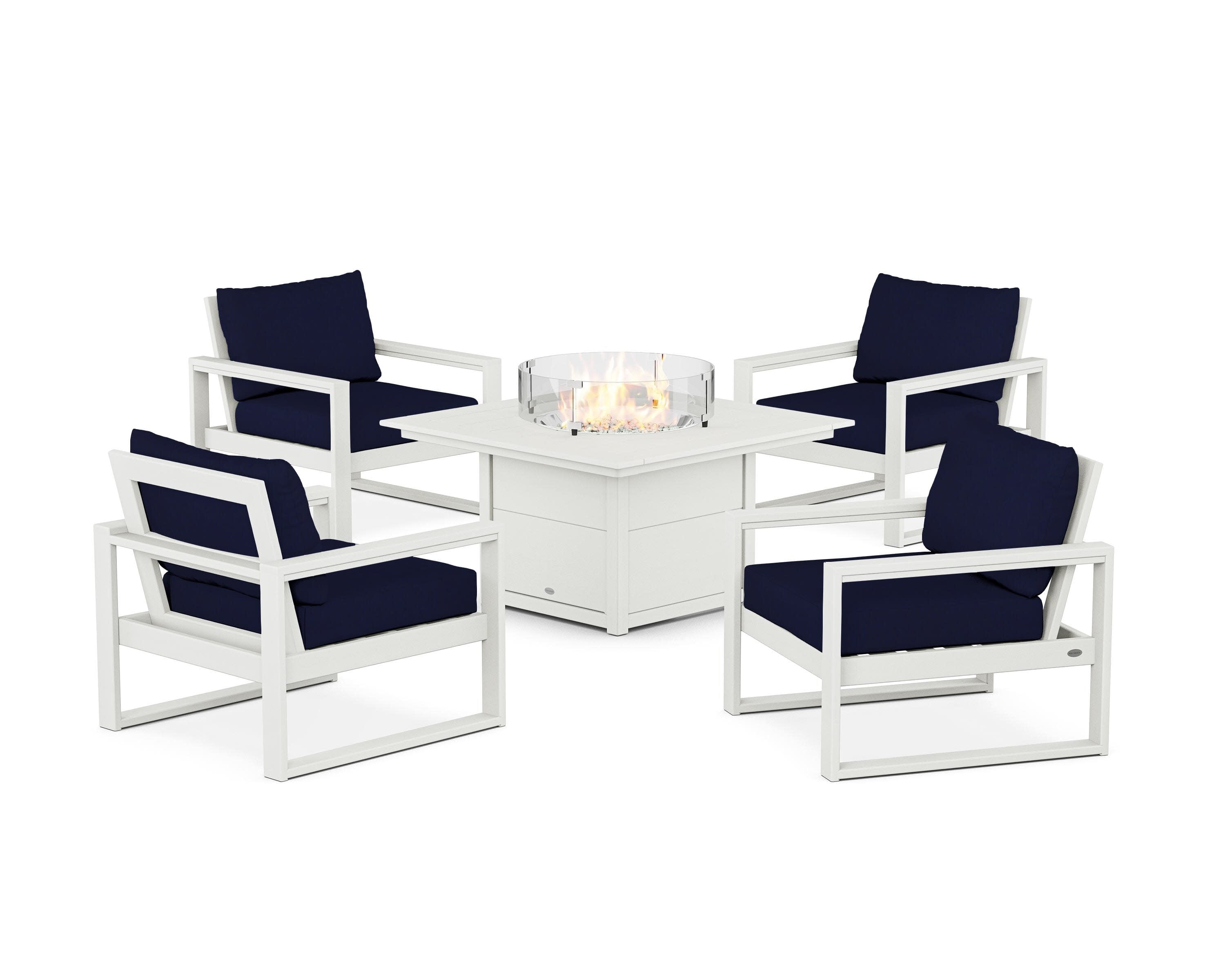 EDGE Sectional 5-Piece Deep Seating Set with Fire Pit Table in Vintage White / Navy