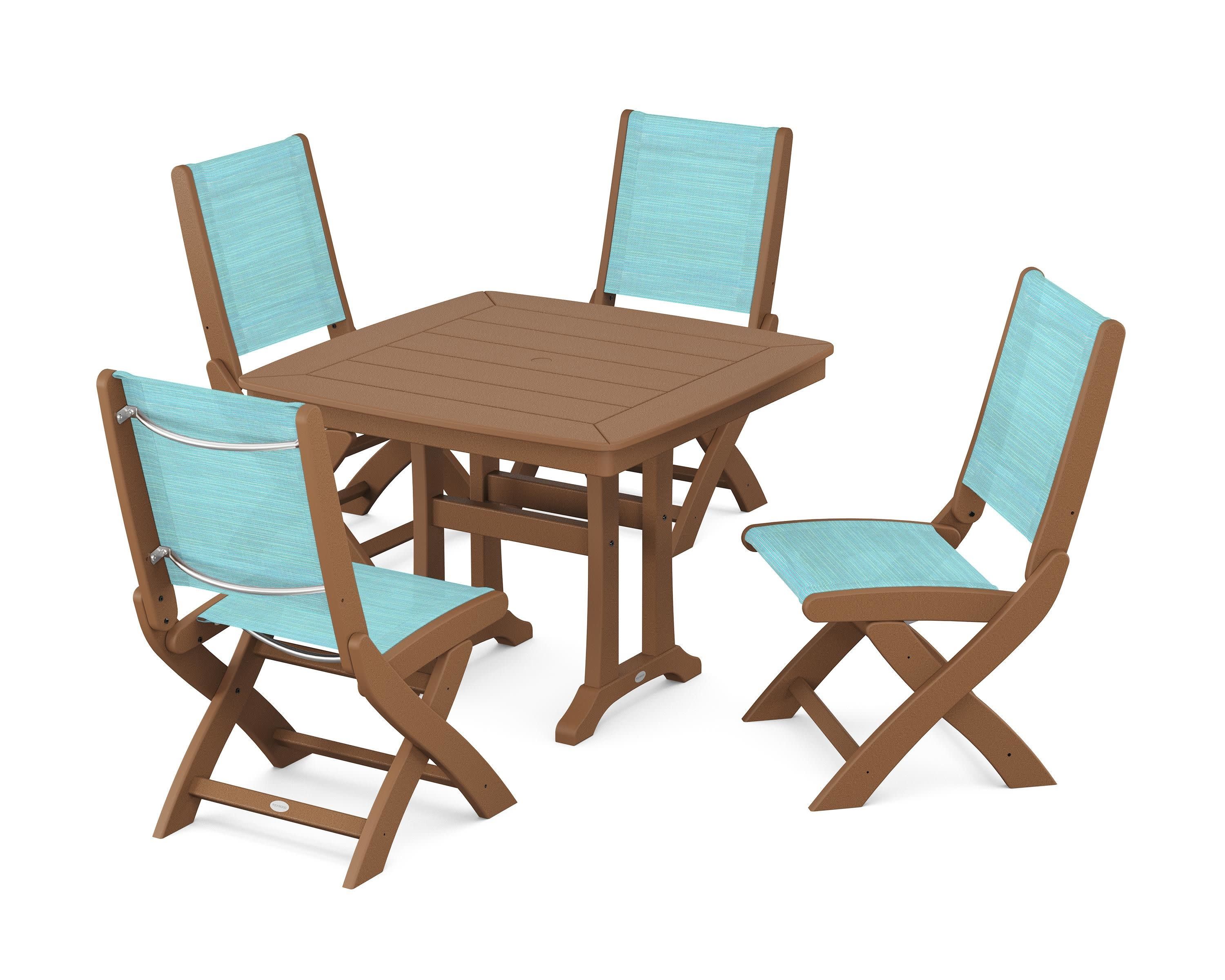 Coastal Folding Side Chair 5-Piece Dining Set with Trestle Legs in Teak / Dupioni Aquamarine Sling