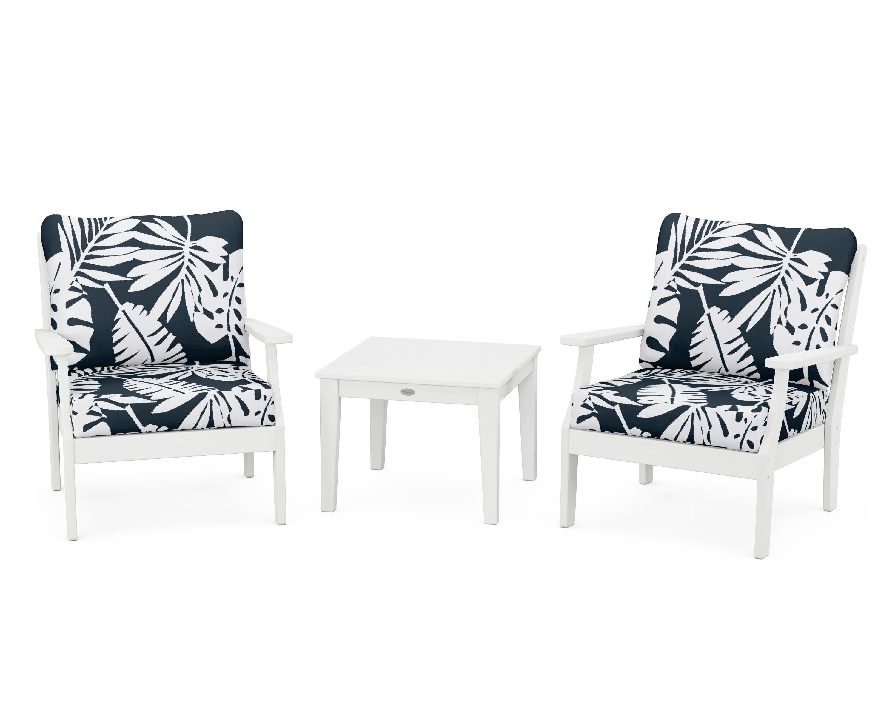 Braxton 3-Piece Deep Seating Set in White / Leaf Marine Indigo