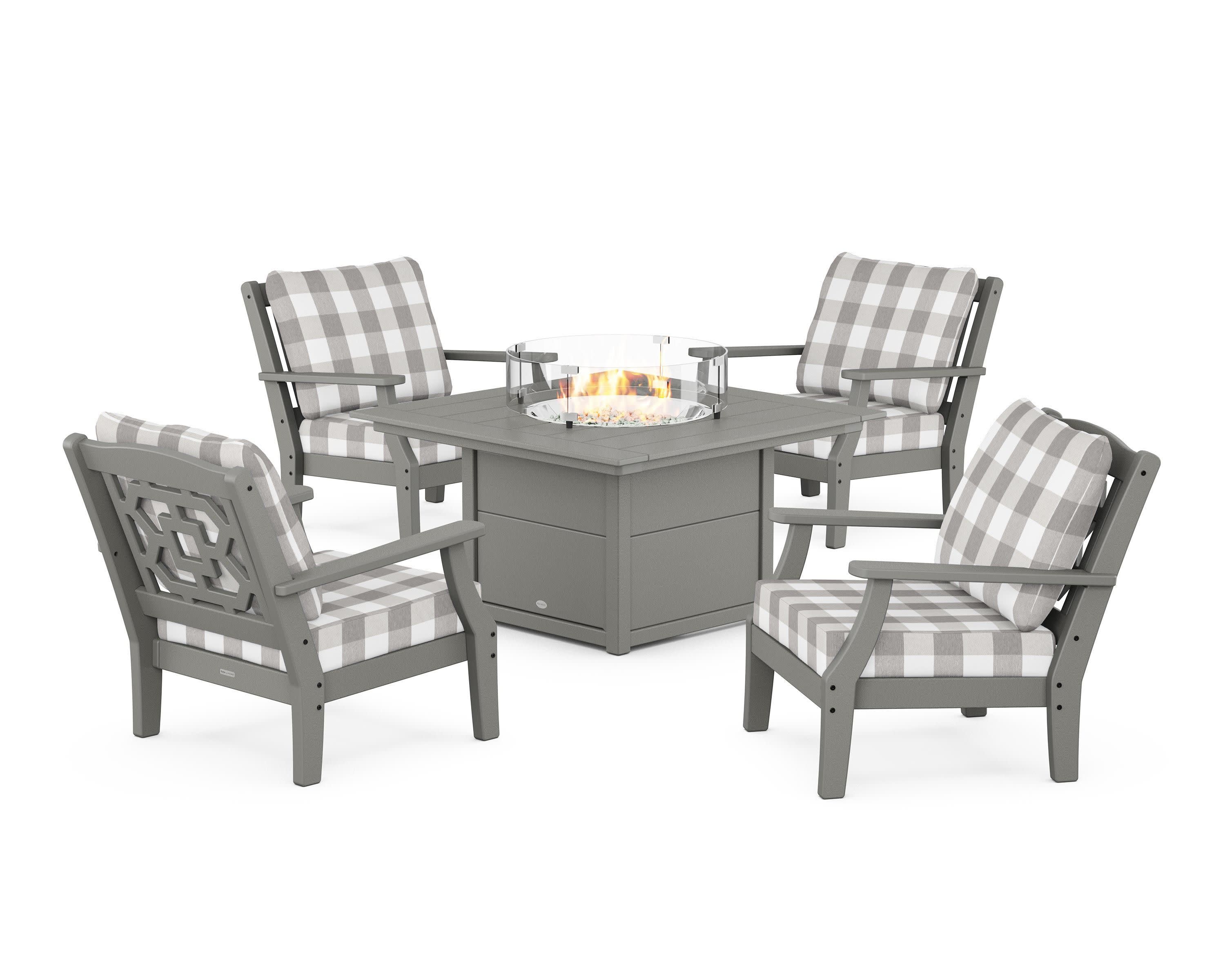 Chinoiserie 5-Piece Deep Seating Set with Fire Pit Table in Slate Grey / Buffalo Plaid Grey Mist