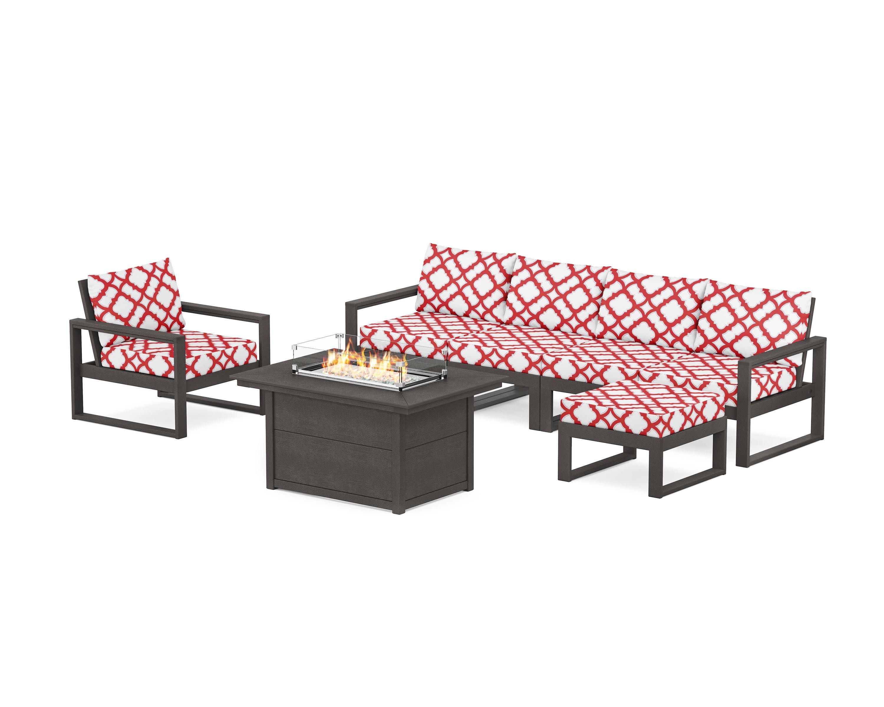 EDGE Sectional Lounge and Fire Pit Set in Vintage Coffee / Trellis Crimson
