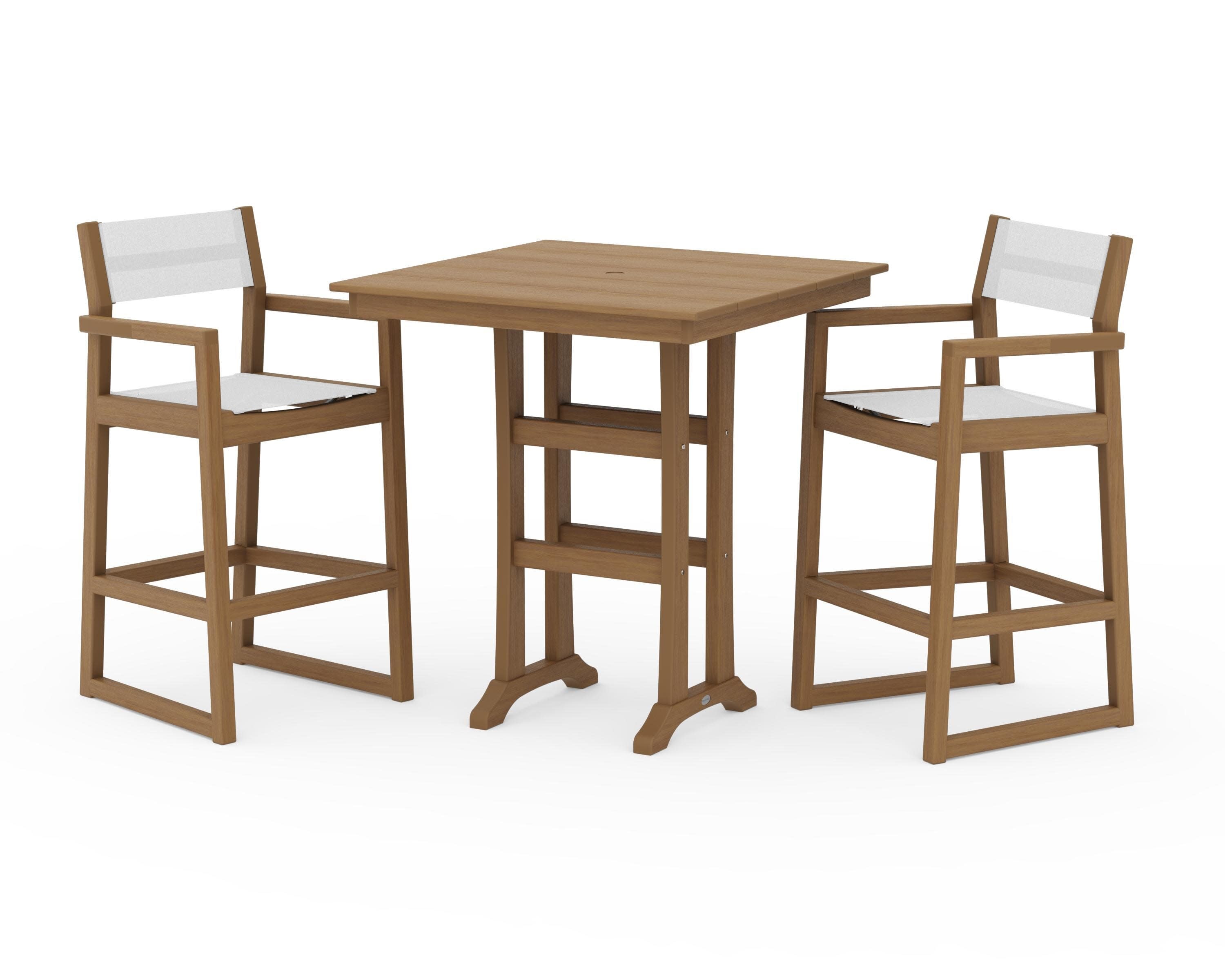 EDGE Sling Arm Chair 3-Piece Farmhouse Bar Set with Trestle Legs in Natural / White Sling