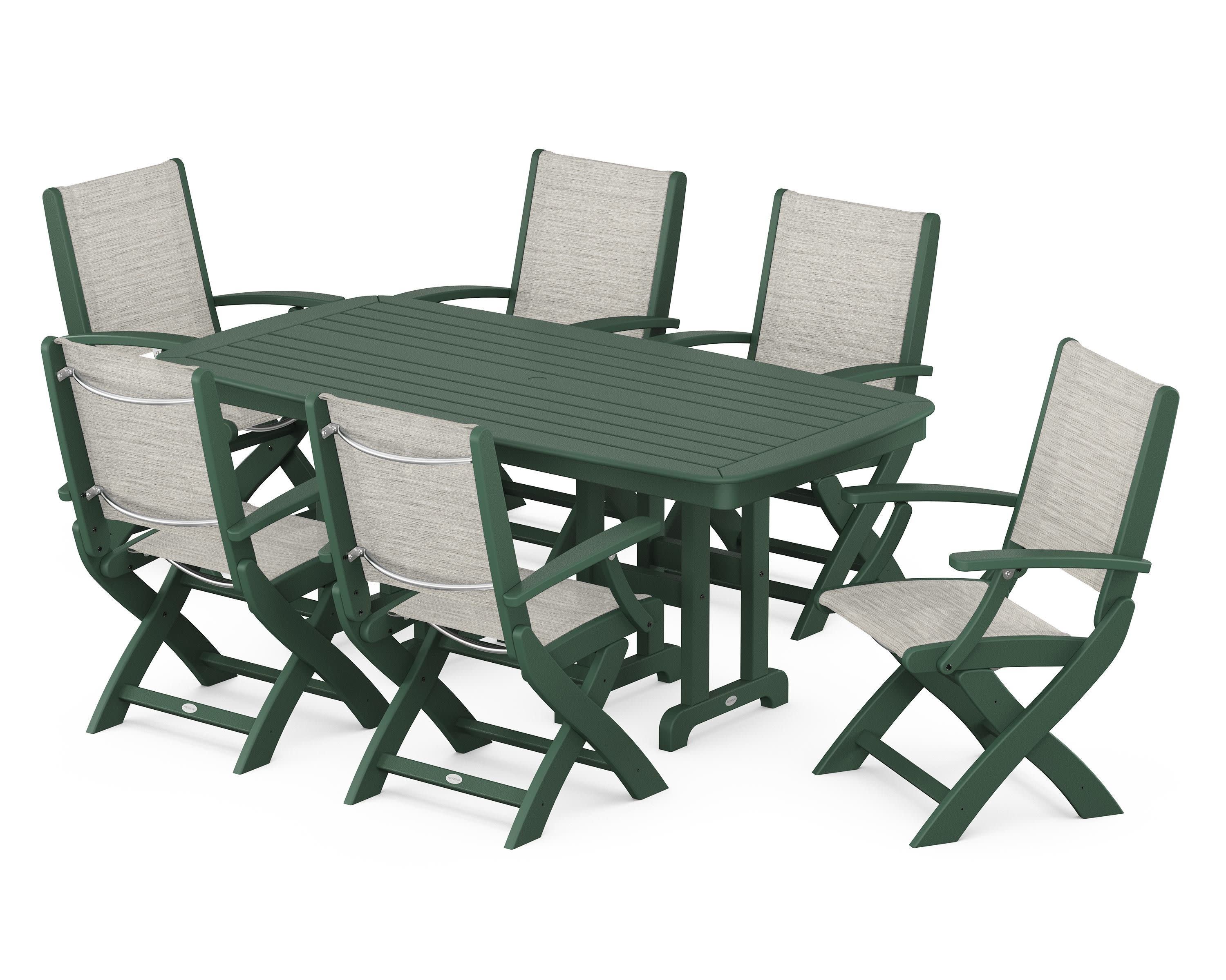 Coastal Folding Arm Chair 7-Piece Dining Set in Green / Birch Sling