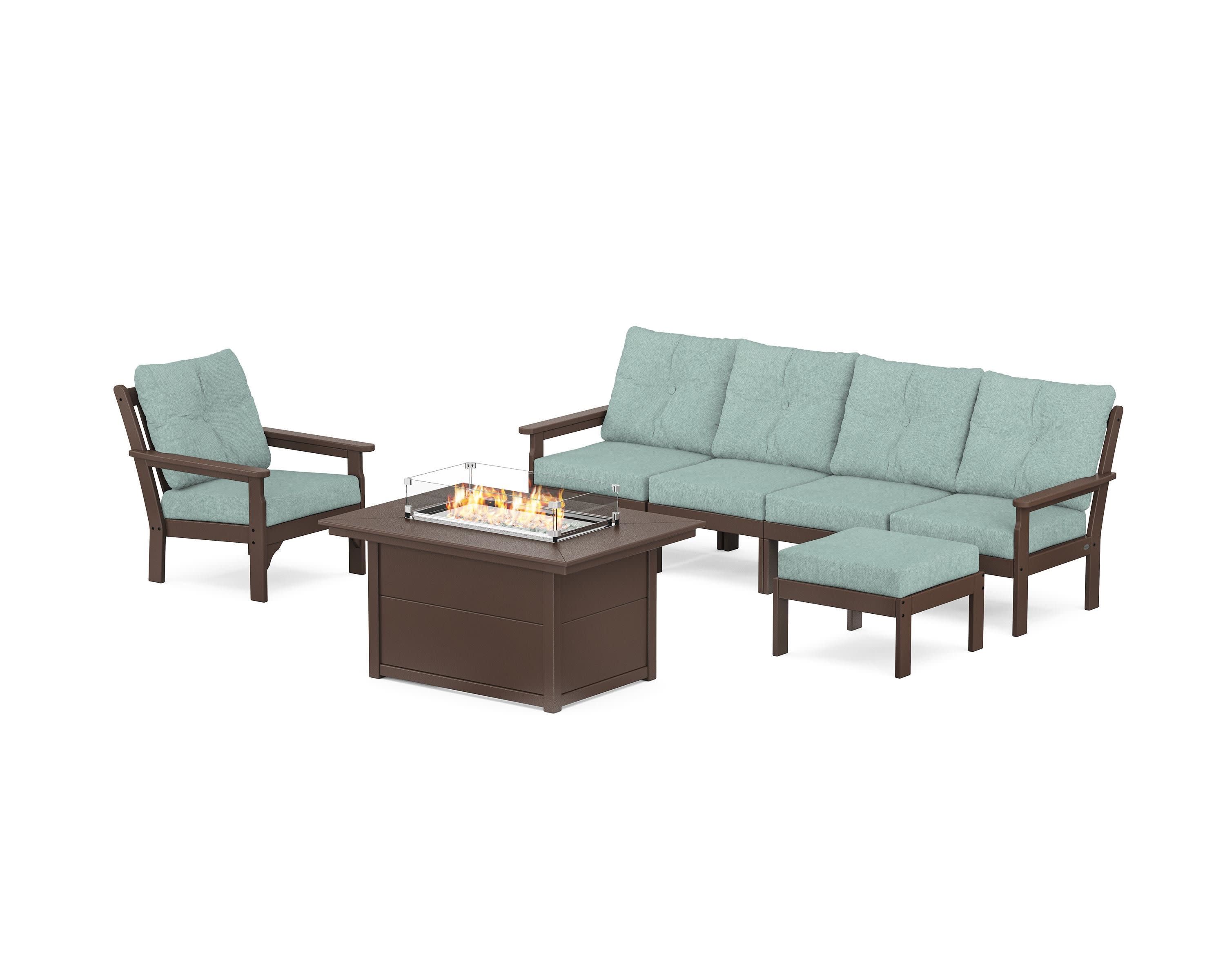 Vineyard Sectional Lounge and Fire Pit Set in Mahogany / Glacier Spa