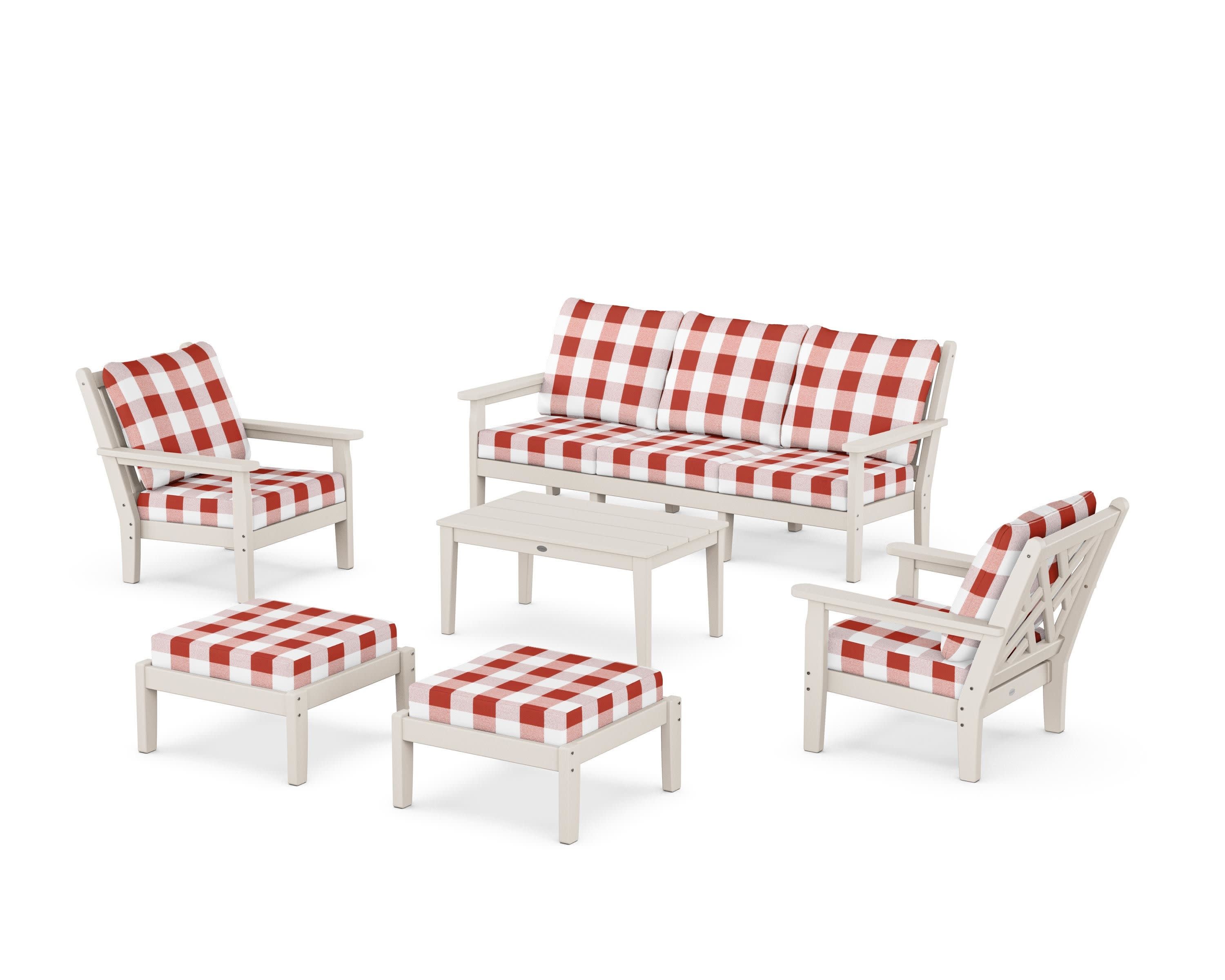 Chippendale 6-Piece Lounge Sofa Set in Sand / Buffalo Plaid Crimson