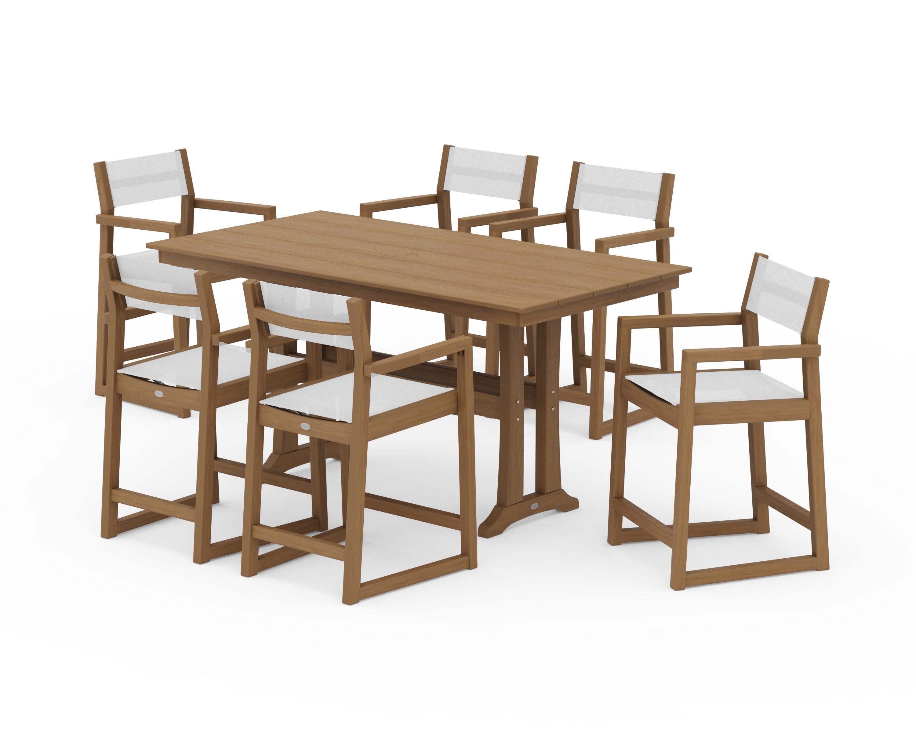 EDGE Sling Arm Chair 7-Piece Farmhouse Counter Set with Trestle Legs in Natural / White Sling
