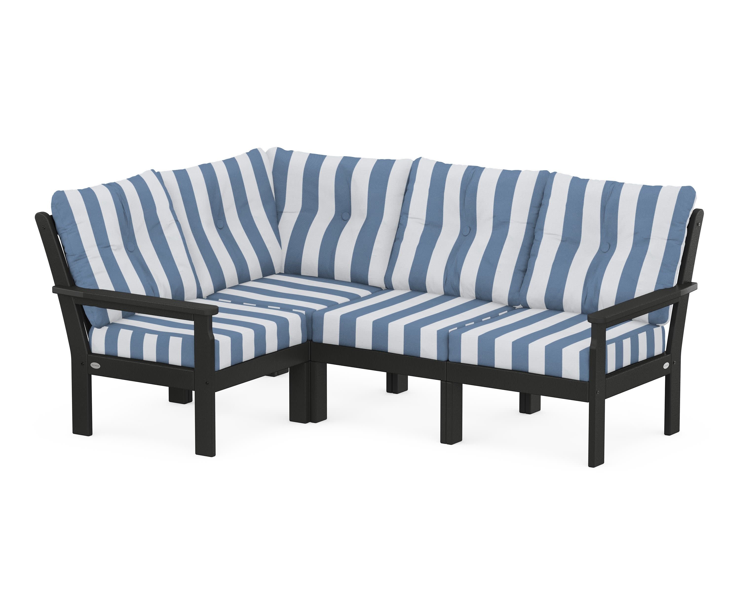 Vineyard 4-Piece Sectional in Black / Cabana Stripe Sky Blue