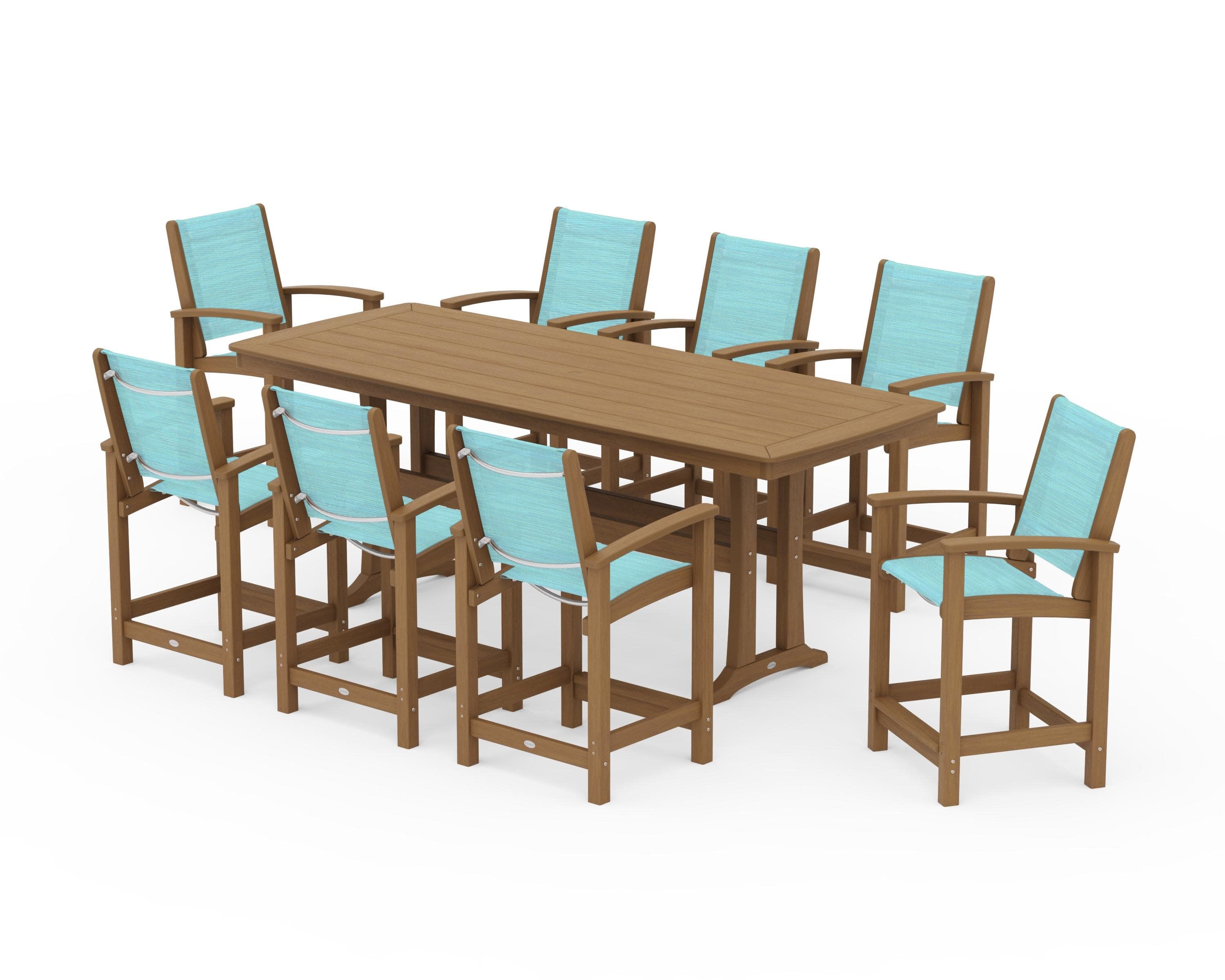 Coastal 9-Piece Counter Set with Trestle Legs in Natural / Dupioni Aquamarine Sling