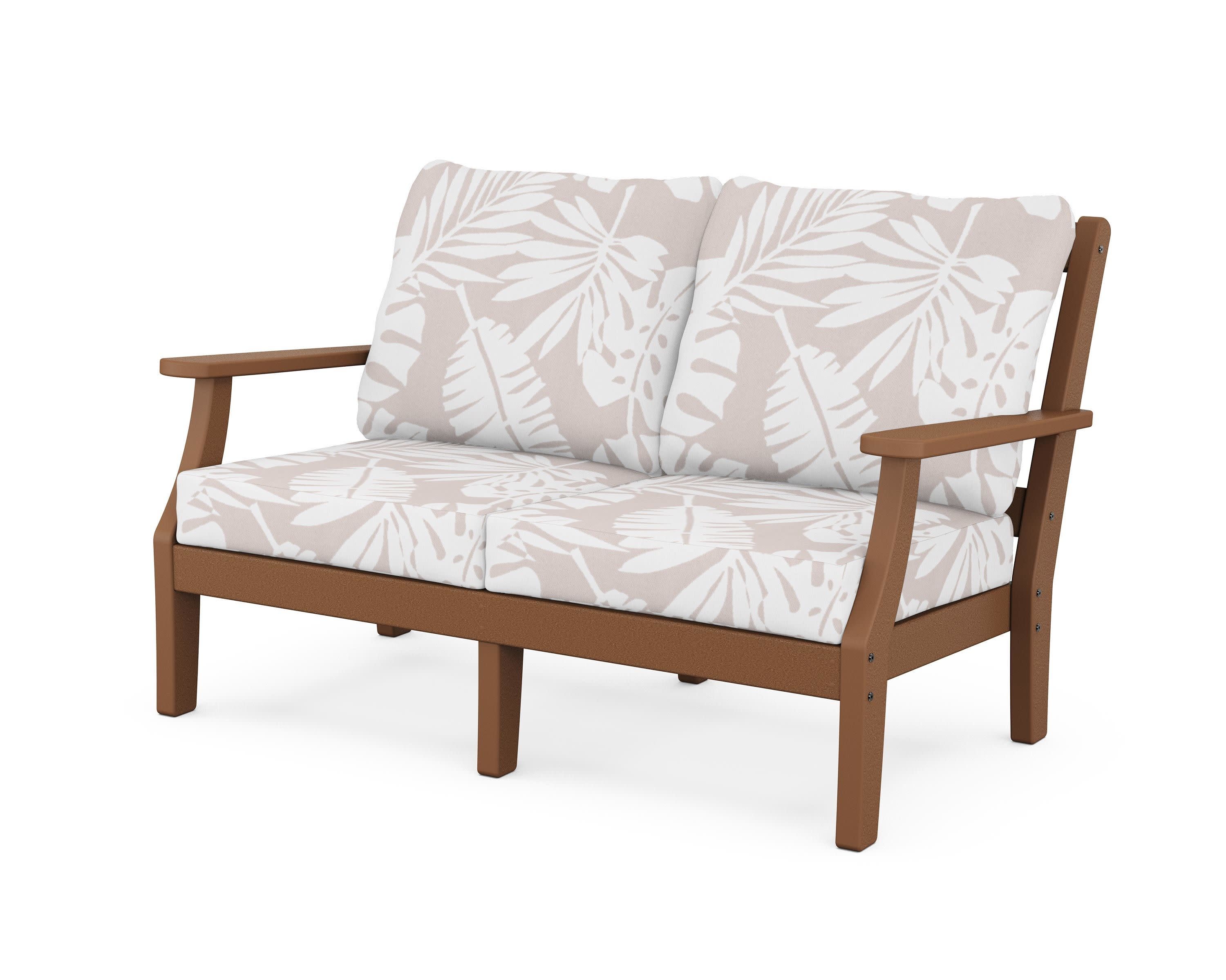 Chinoiserie Deep Seating Loveseat in Teak / Leaf Dune Burlap