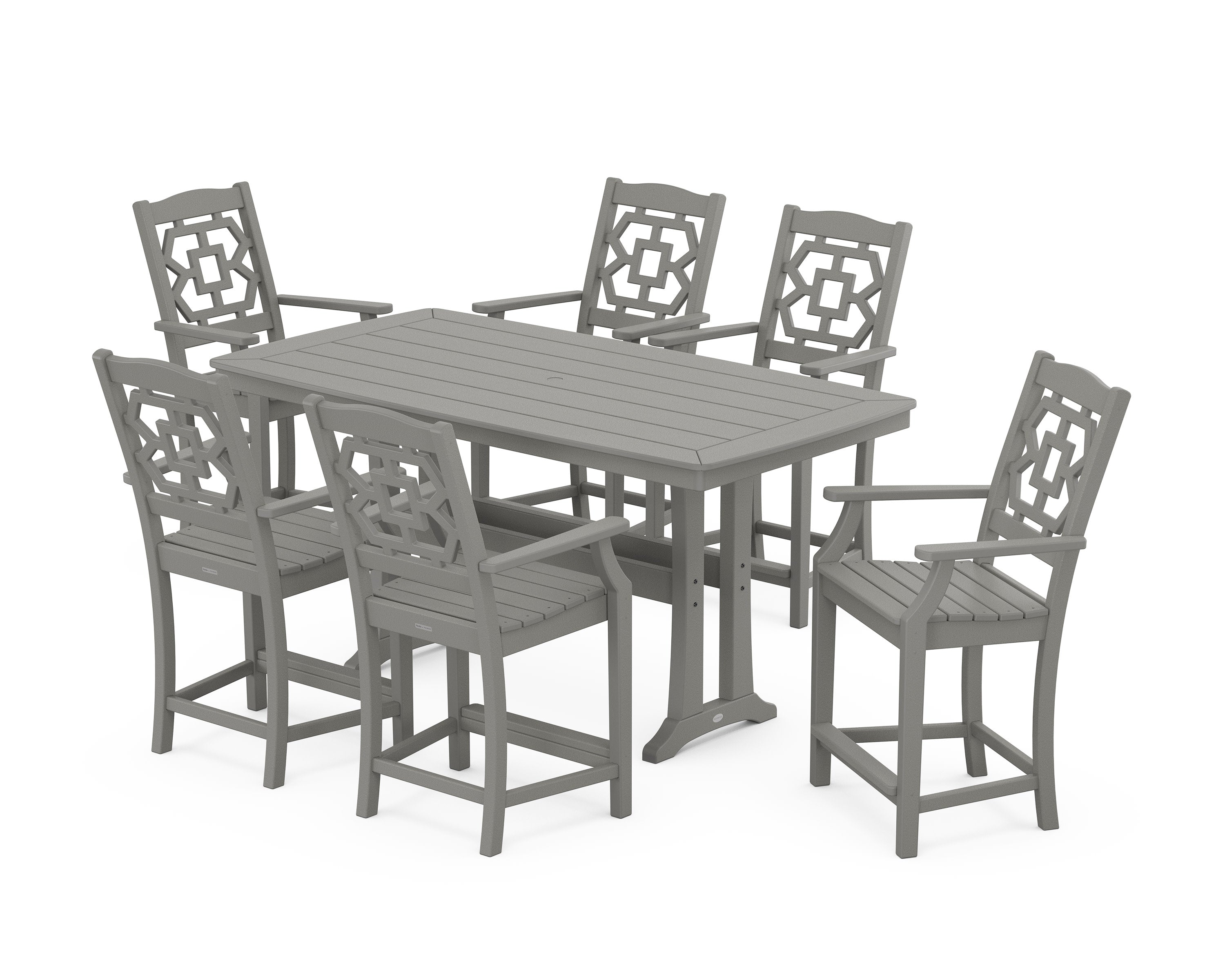 Chinoiserie Arm Chair 7-Piece Counter Set with Trestle Legs in Slate Grey