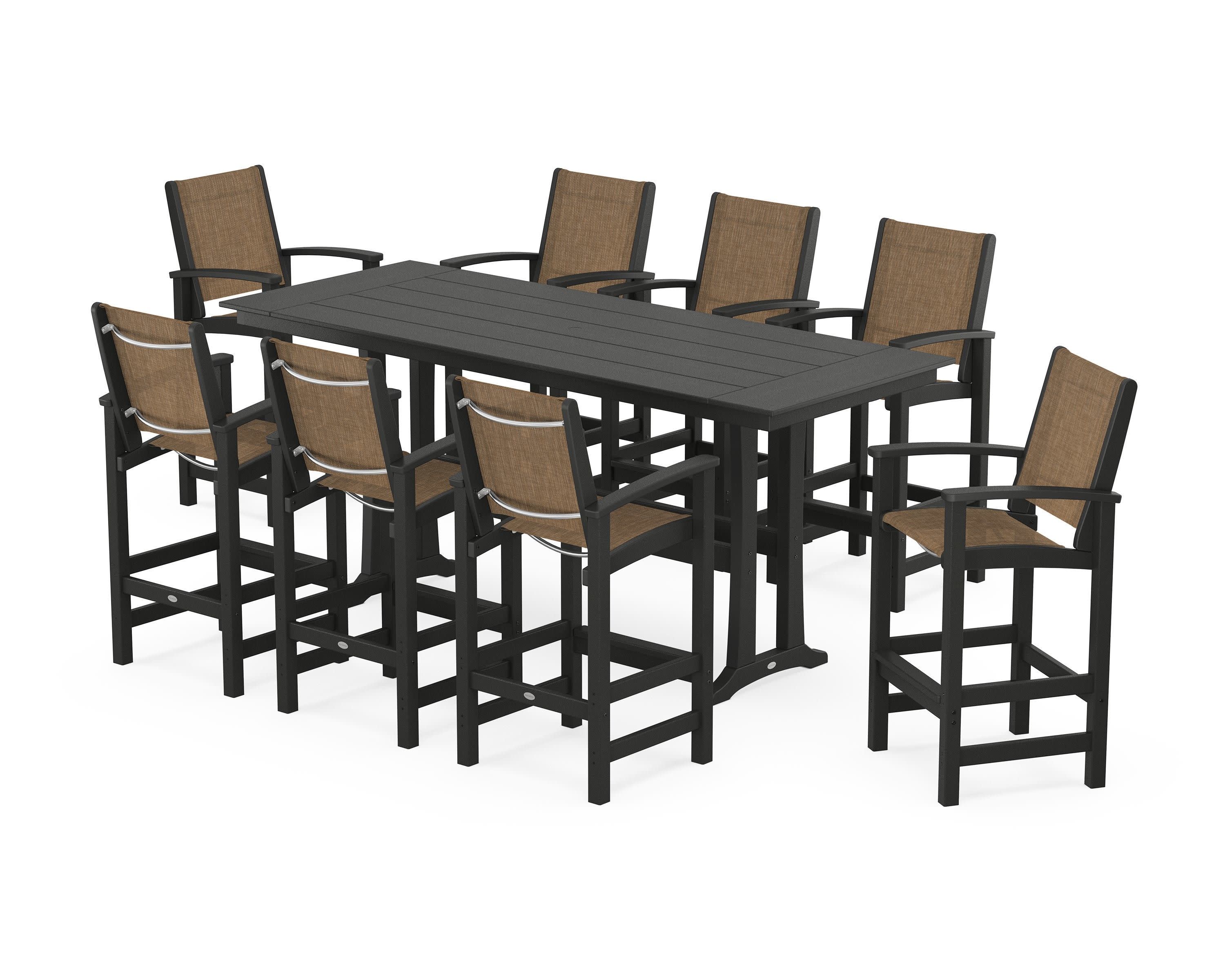 Coastal 9-Piece Farmhouse Bar Set with Trestle Legs in Black / Burlap Sling