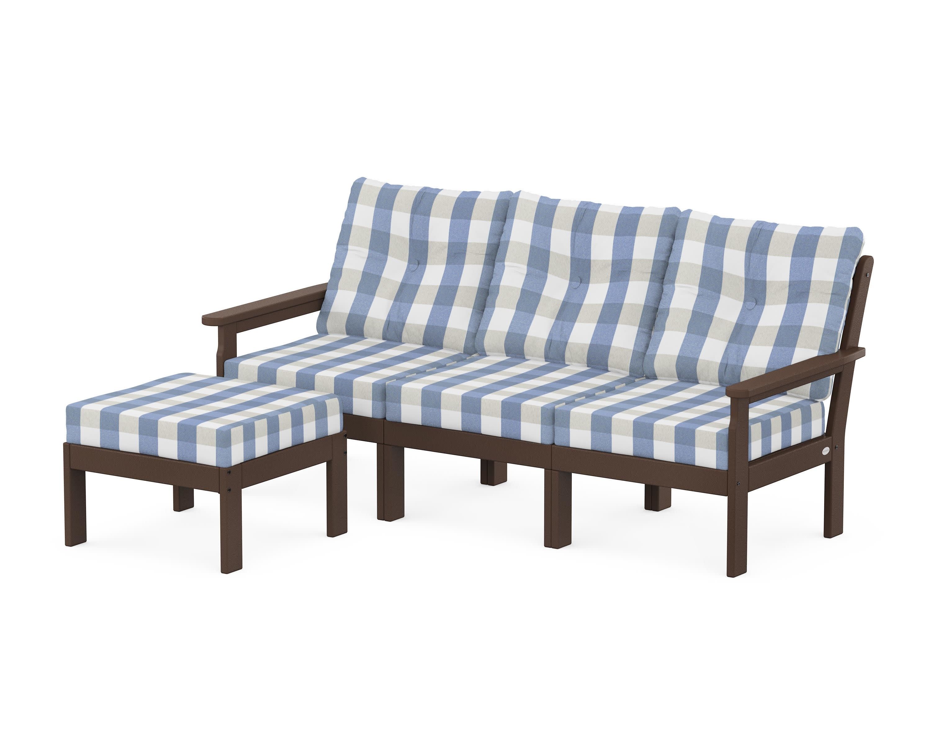 Vineyard 4-Piece Sectional with Ottoman in Mahogany / Buffalo Plaid Sky Blue