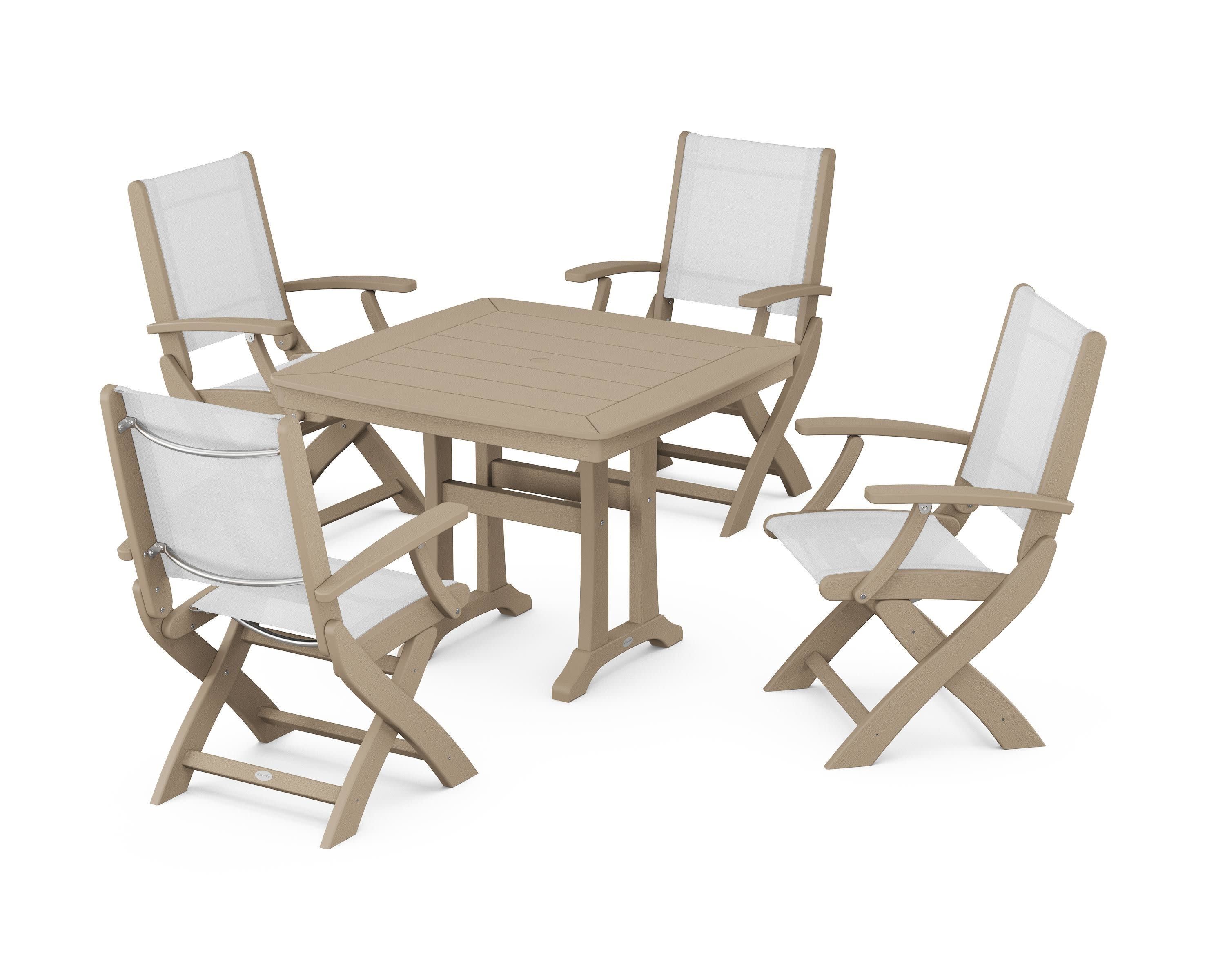 Coastal Folding Chair 5-Piece Dining Set with Trestle Legs in Vintage Sahara / White Sling