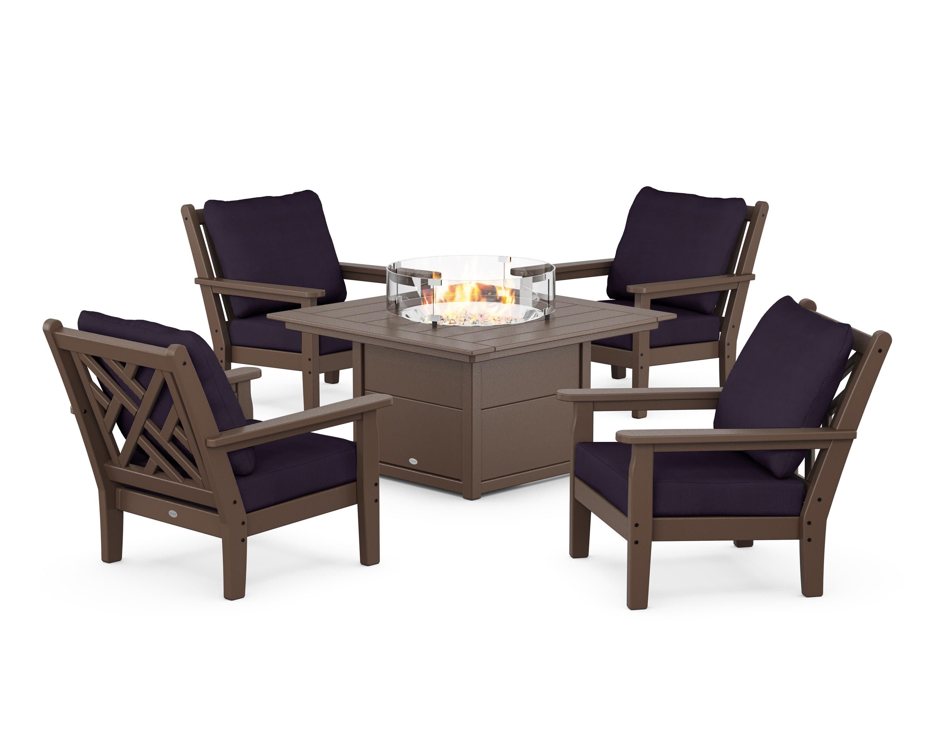 Chippendale 5-Piece Deep Seating Set with Fire Pit Table in Mahogany / Navy Linen
