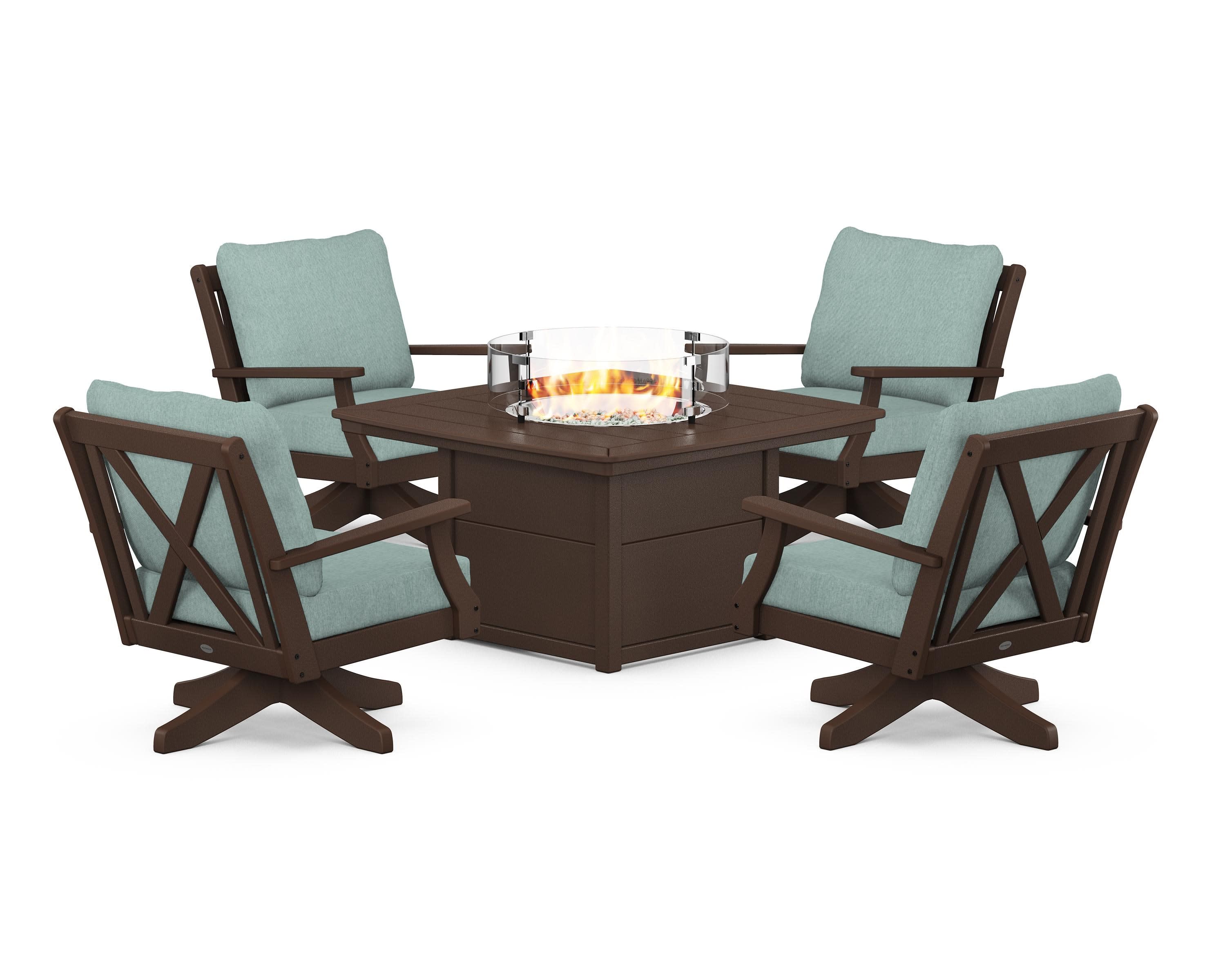 Braxton 5-Piece Deep Seating Swivel Conversation Set with Fire Pit Table in Mahogany / Glacier Spa