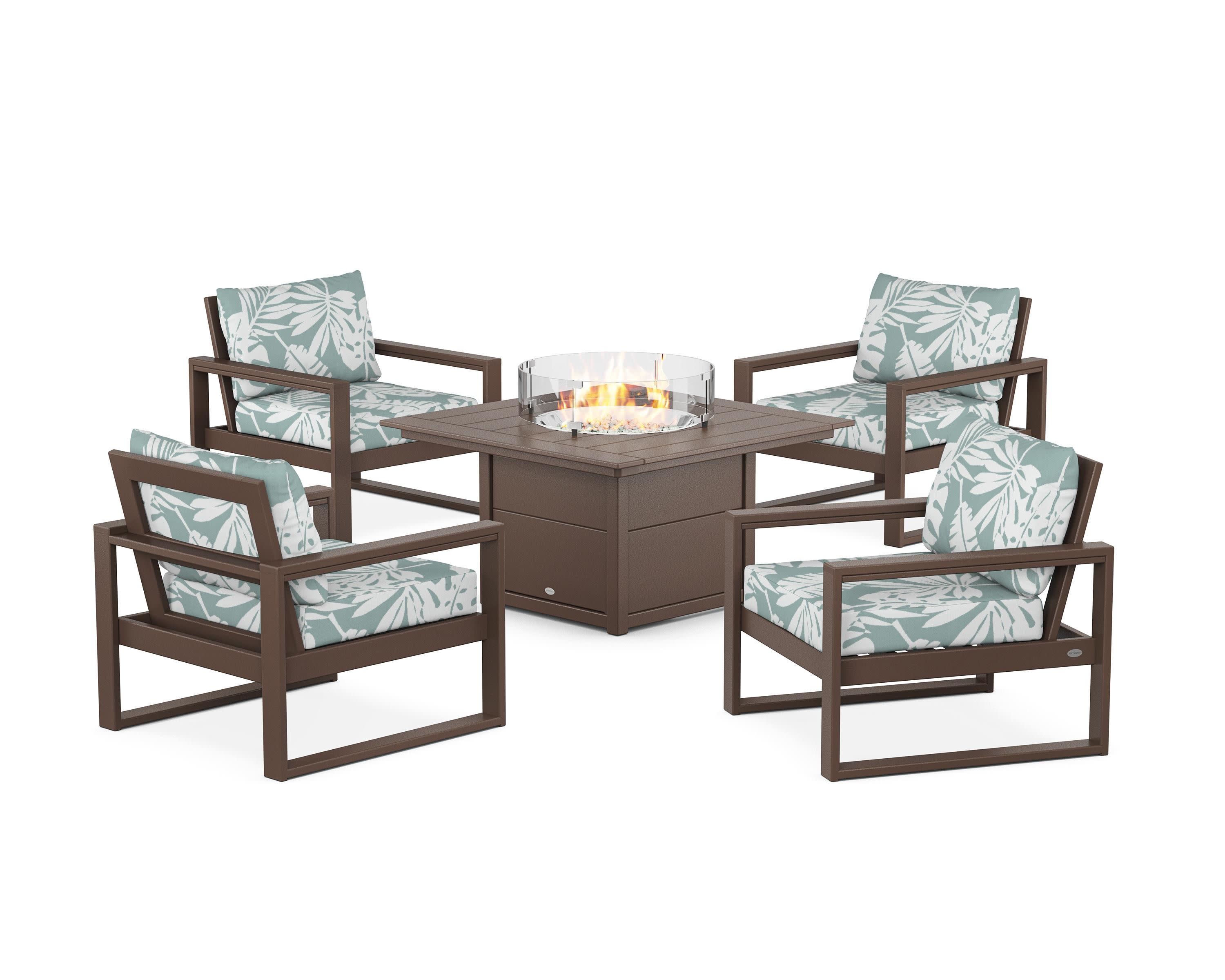 EDGE Sectional 5-Piece Deep Seating Set with Fire Pit Table in Mahogany / Leaf Glacier Spa