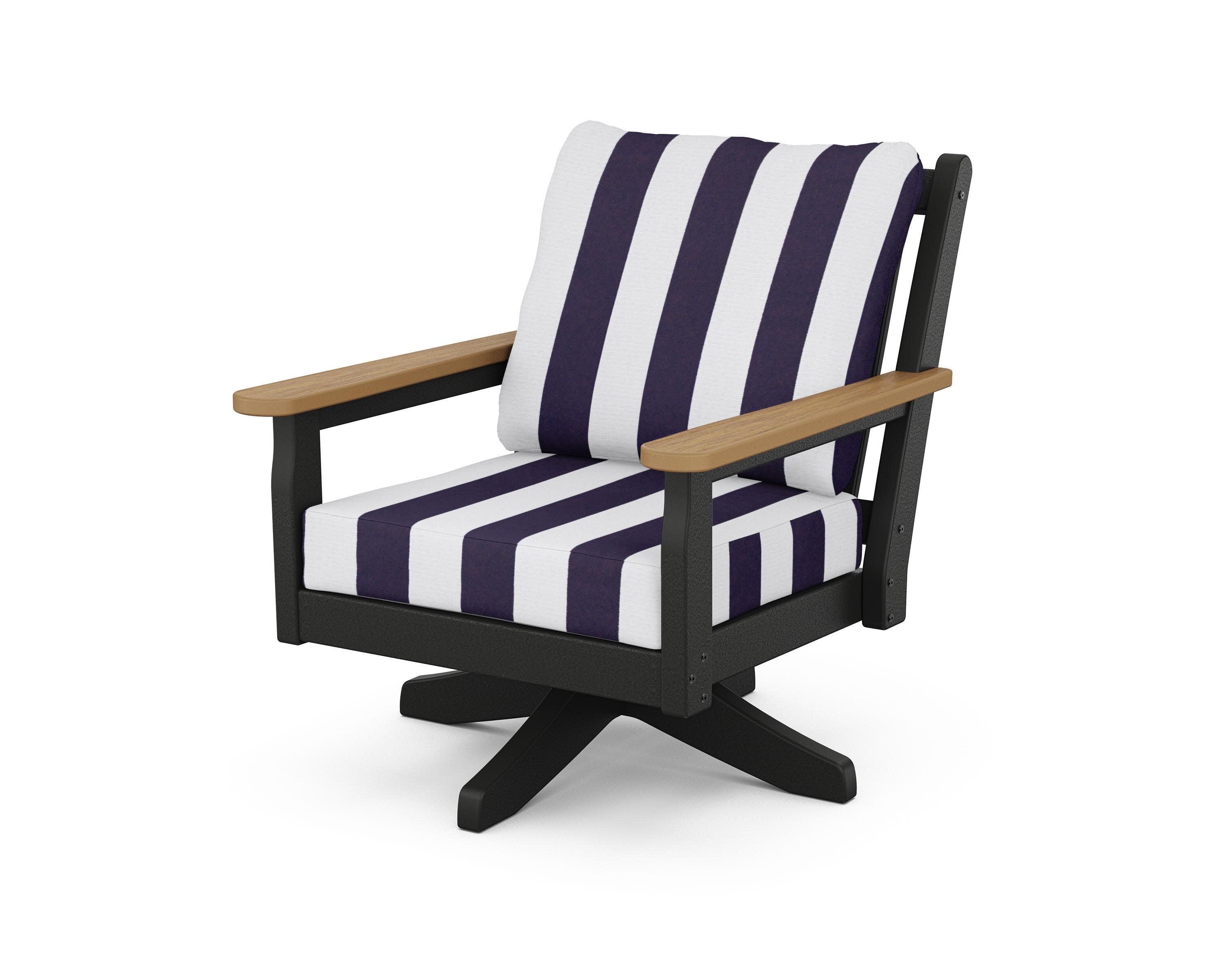 Chippendale Deep Seating Swivel Chair in Black / Natural / Cabana Stripe Navy
