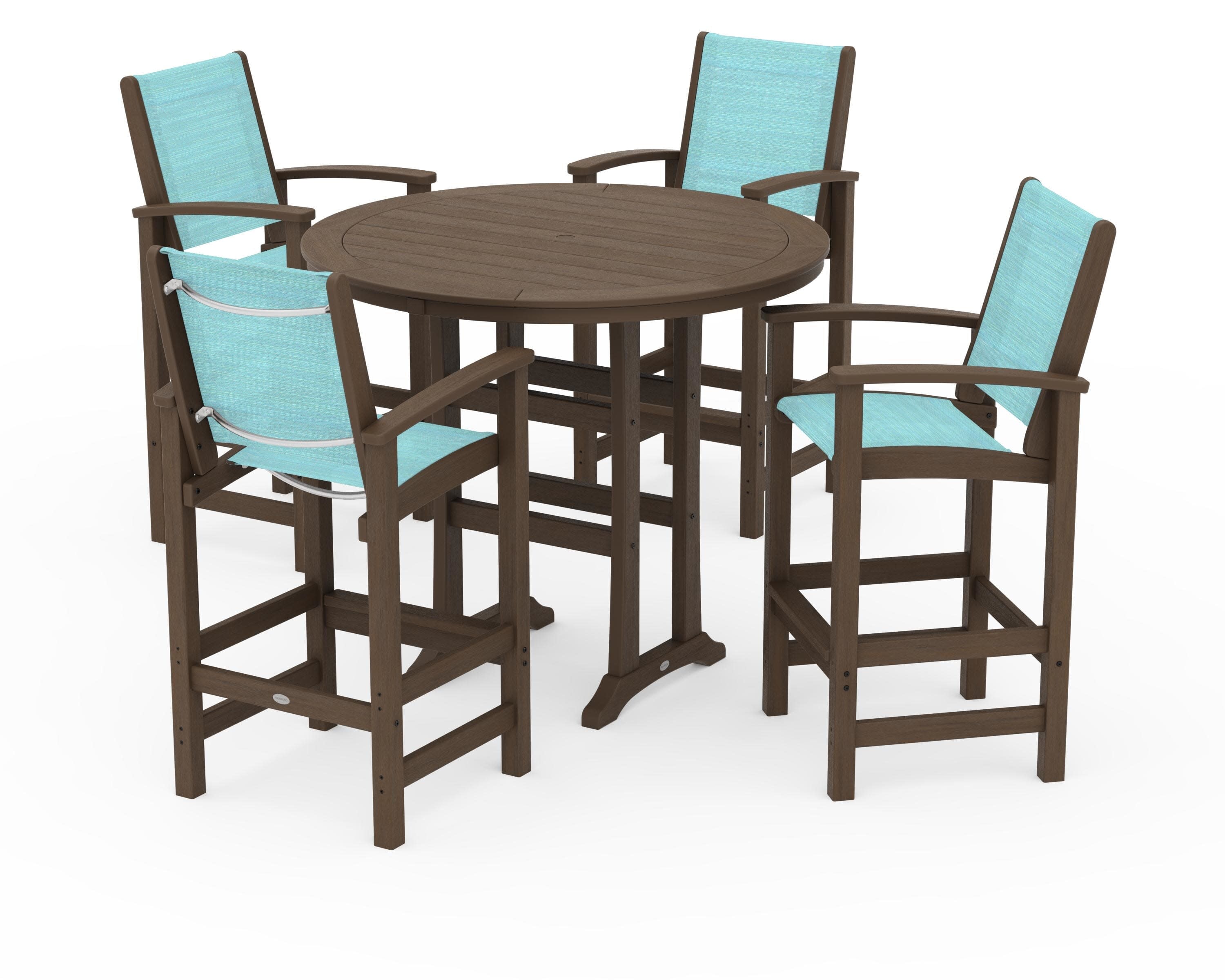 Coastal 5-Piece Nautical Trestle Bar Set in Kona / Dupioni Aquamarine Sling